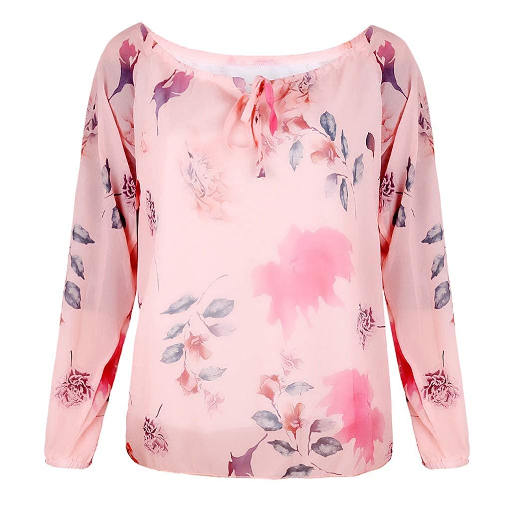 Women's Sexy Floral Print Chiffon Loose Long Sleeve Blouse - Elegant O-Neck Lace Top for Casual Wear, Date Night & Office Outfits