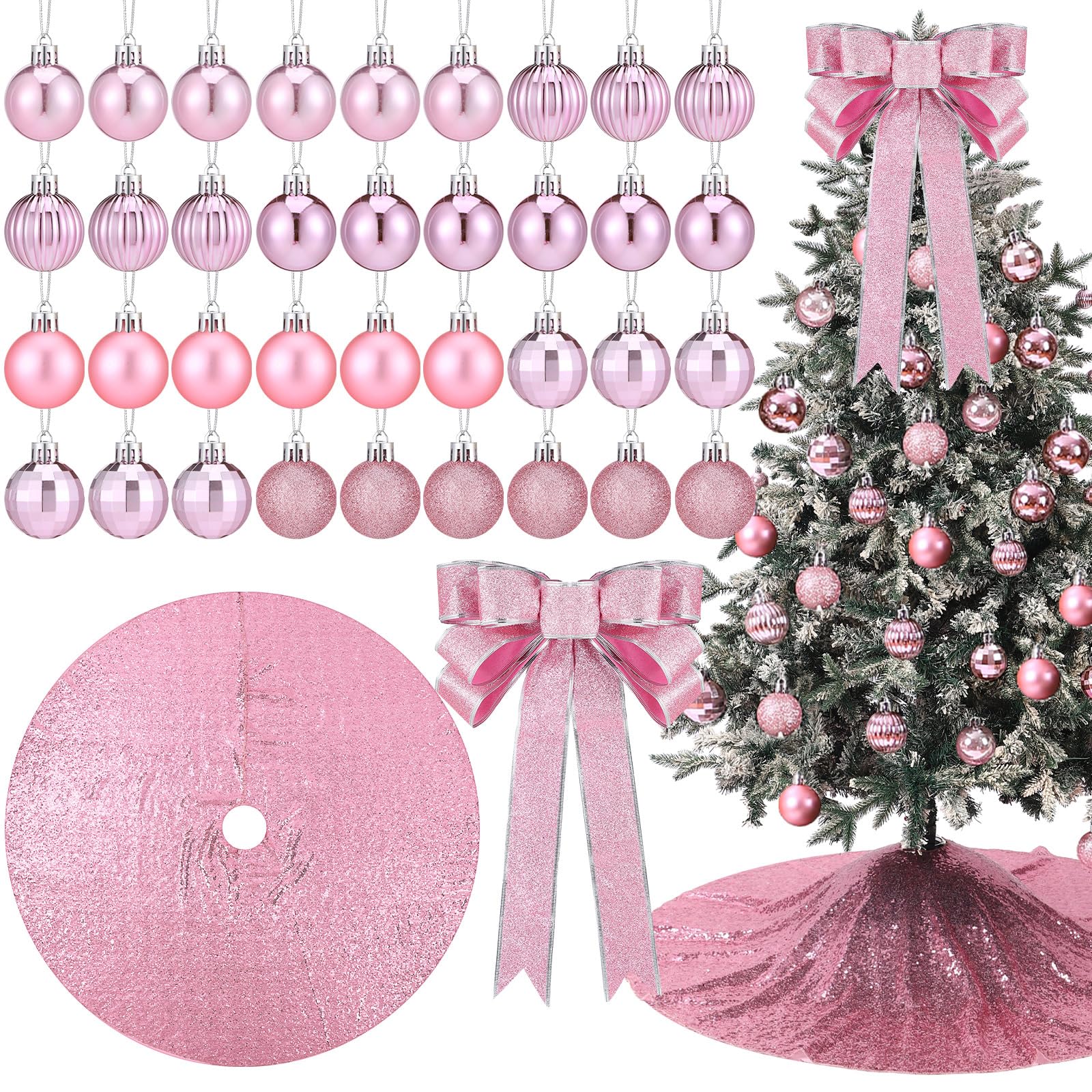 Liliful 38-Piece Mini Pink Christmas Tree Decorations Set - 48 Inch Sequin Tree Skirt, Bow Tree Topper, Ball Ornaments for Holiday Party, Home, Office & Festive Wreath Decor