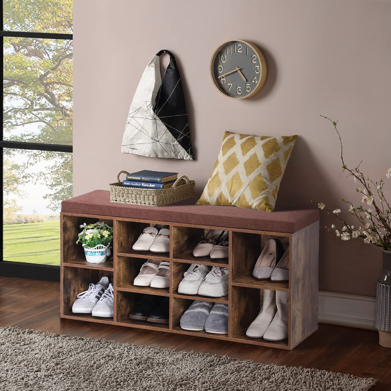 Sophia & William Rustic Brown Shoe Bench with Cushion - 8 Compartment Entryway Storage Bench, Freestanding Shoe Cabinet with Adjustable Shelves (400 lbs Capacity) - Perfect for Mudroom, Hallway & Home Organization