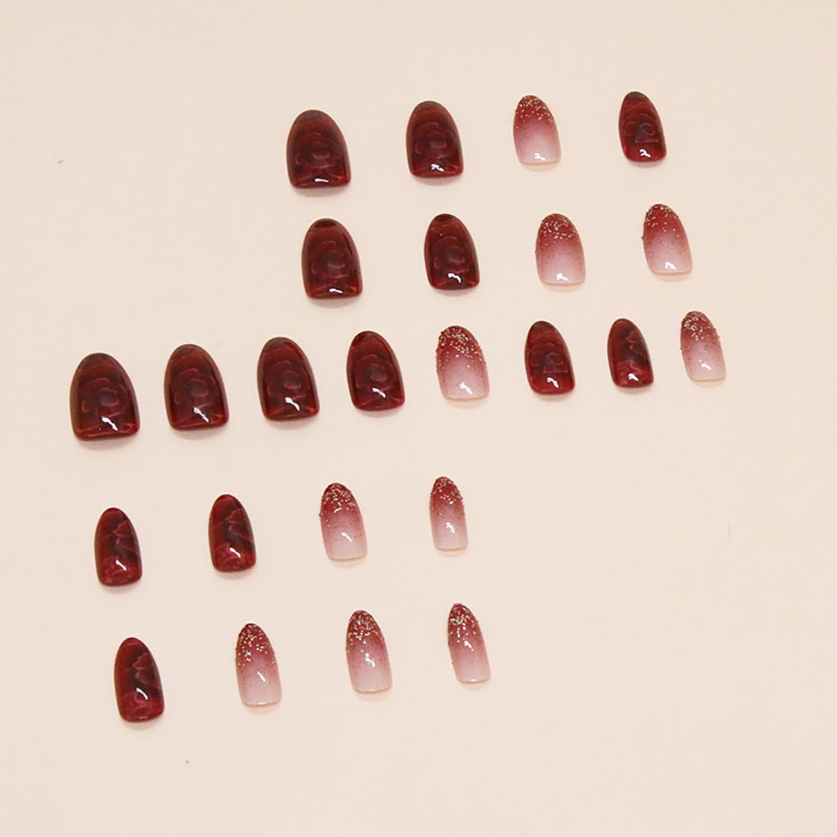 24Pcs Short Almond Press on Nails - Red Glitter Sequins Flower Design with Glue - Full Cover Acrylic Fake Nails for Women - Perfect for Parties, Weddings & Everyday Manicure Decorations