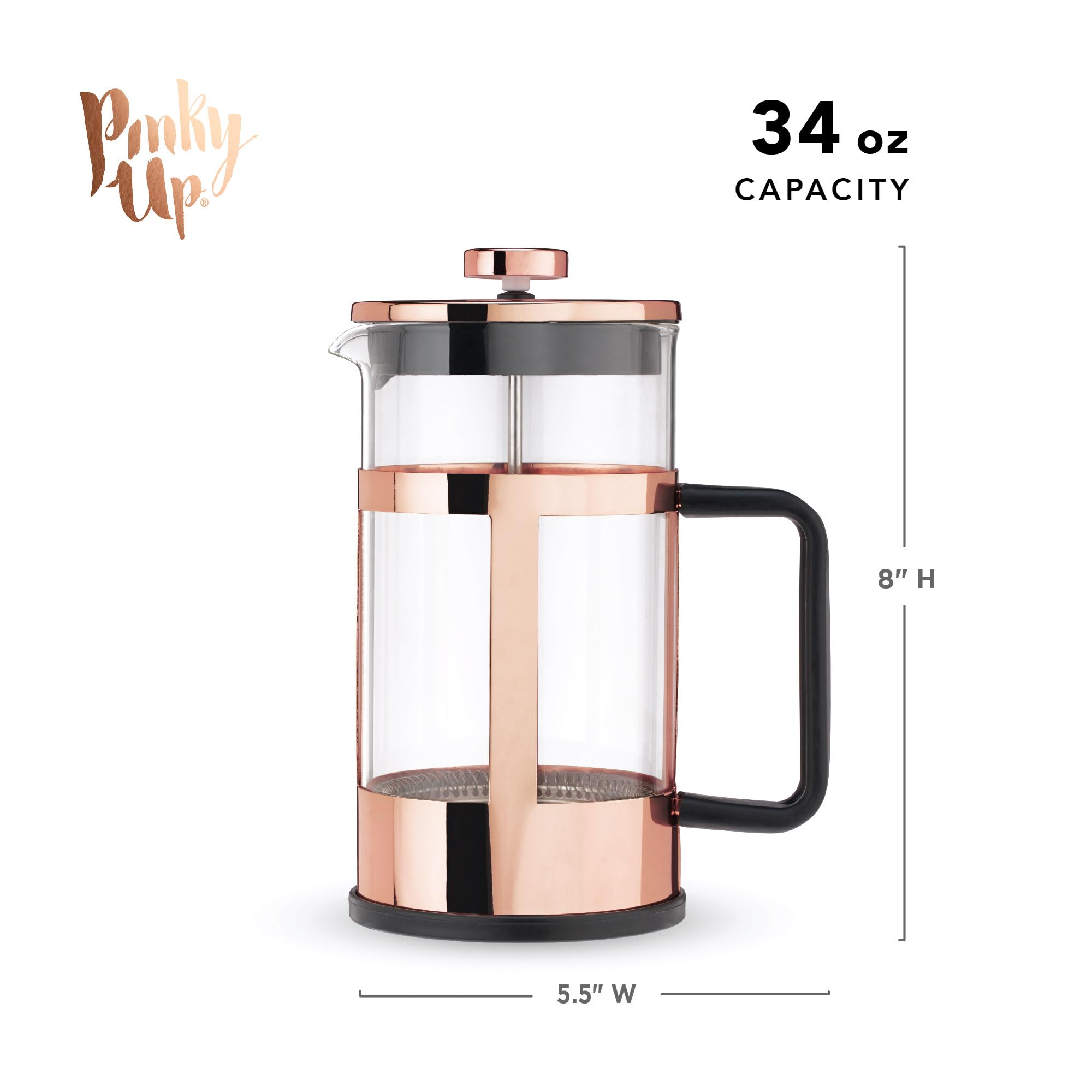 Pinky Up Piper Tea Press Pot - 34 oz French Press Coffee Maker for Loose Leaf Tea & Coffee, Hot & Iced Beverage Brewer in Rose Gold - Perfect for Home, Office & Outdoor Use
