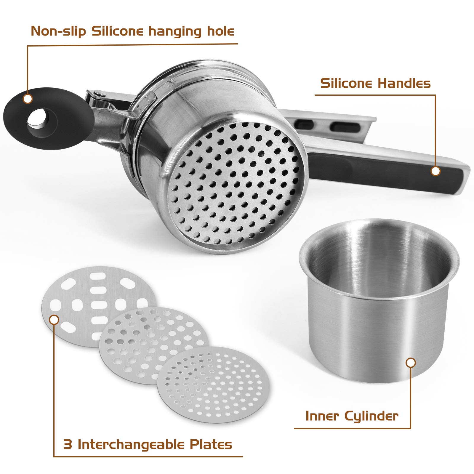 Premium Stainless Steel Potato Ricer & Masher - Anti-Slip Ergonomic Handle for Smooth Purees - Perfect for Baby Food, Vegetables & Fruits - Ideal for Homemade Meals, Restaurants & Healthy Cooking