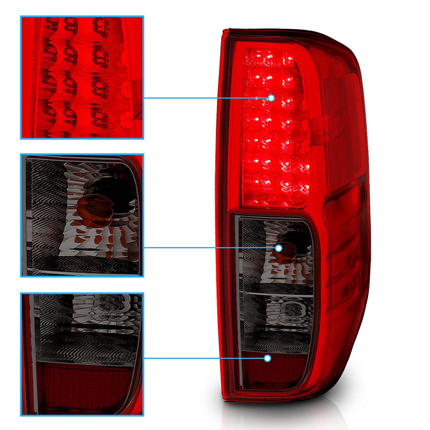 2005-2021 Nissan Frontier & 2009-2012 Suzuki Equator LED Brake Tail Lights Assembly Set - Smoke Red Lens (Pair) - Left & Right Side Replacement - Perfect for Night Driving & Enhanced Safety