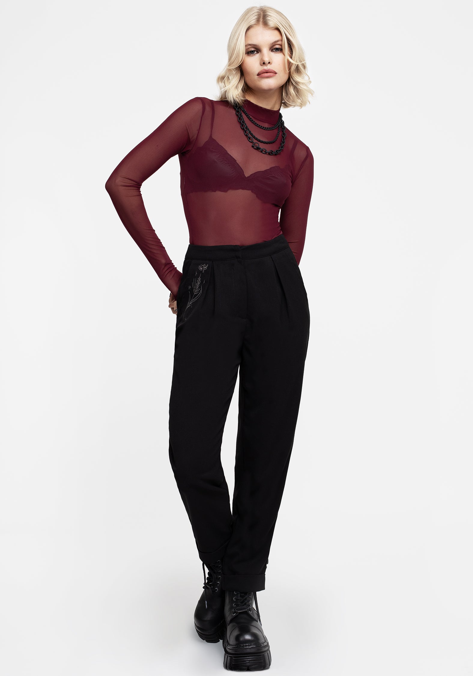 Necrosis Mesh High Neck Long Sleeve T-Shirt for Women - Gothic Red Top for Halloween, Cosplay & Alternative Fashion