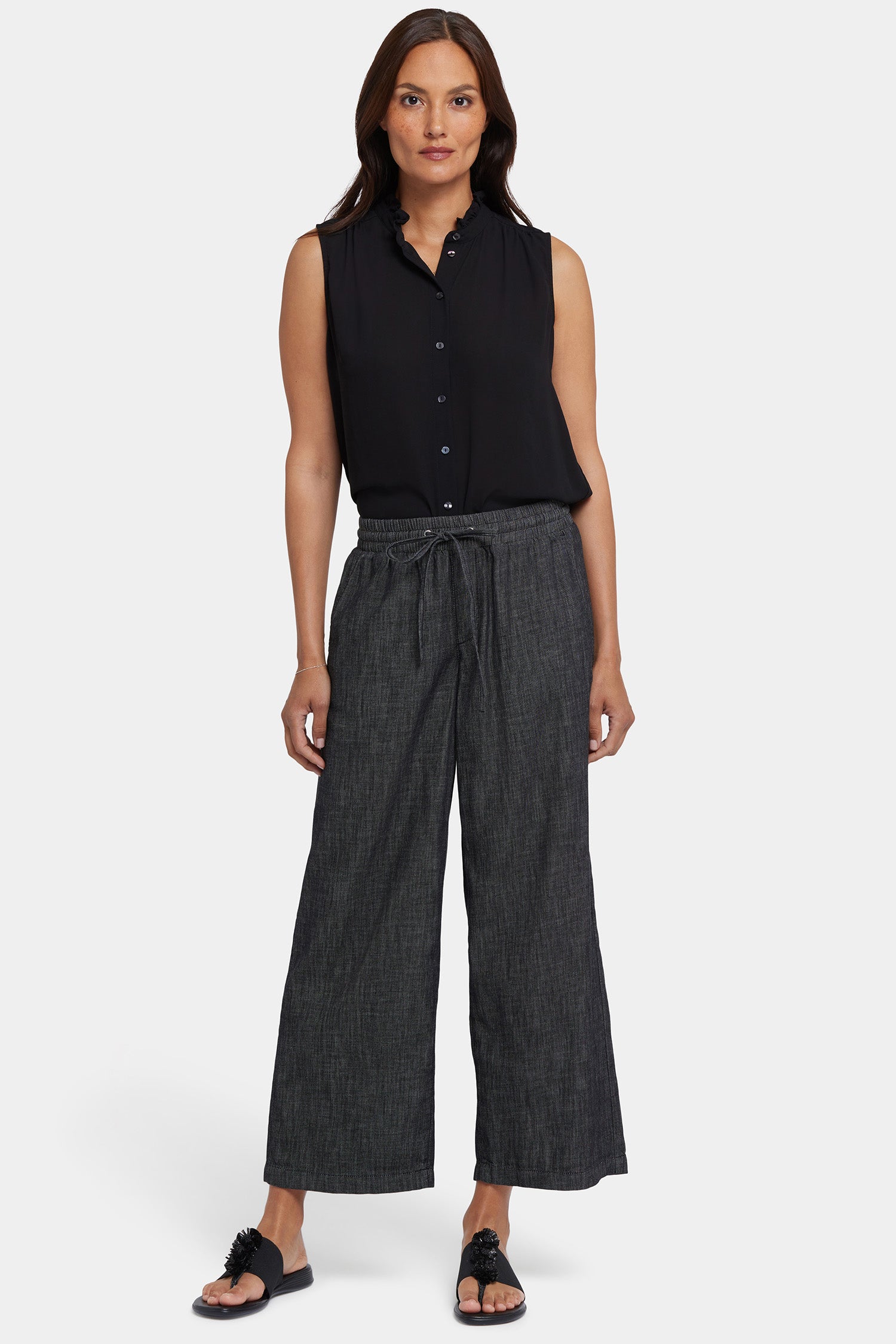 Jayne Pull On Wide Leg Ankle Pants for Petite Women - Black Rinse | Comfortable Stretch Work Pants for Office & Casual Wear