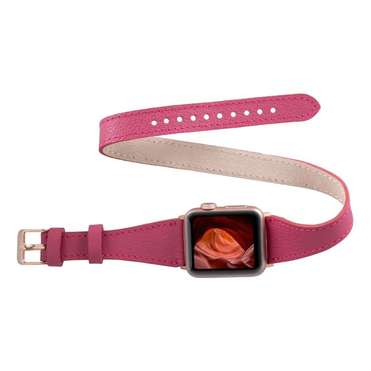 Slim Fuchsia Leather Double Tour Apple Watch Band for Women - Elegant & Durable Replacement Strap for Work, Gym & Everyday Wear