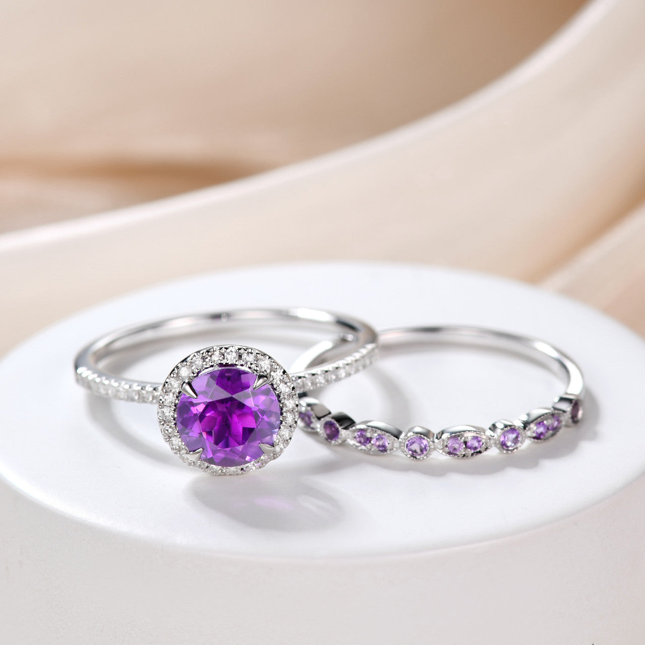 Amethyst Engagement Ring & Wedding Band Set - 14K White Gold with Diamonds, February Birthstone Jewelry Gift for Women, Anniversary, Promise, Valentine's Day - Perfect for Proposals, Weddings & Special Occasions