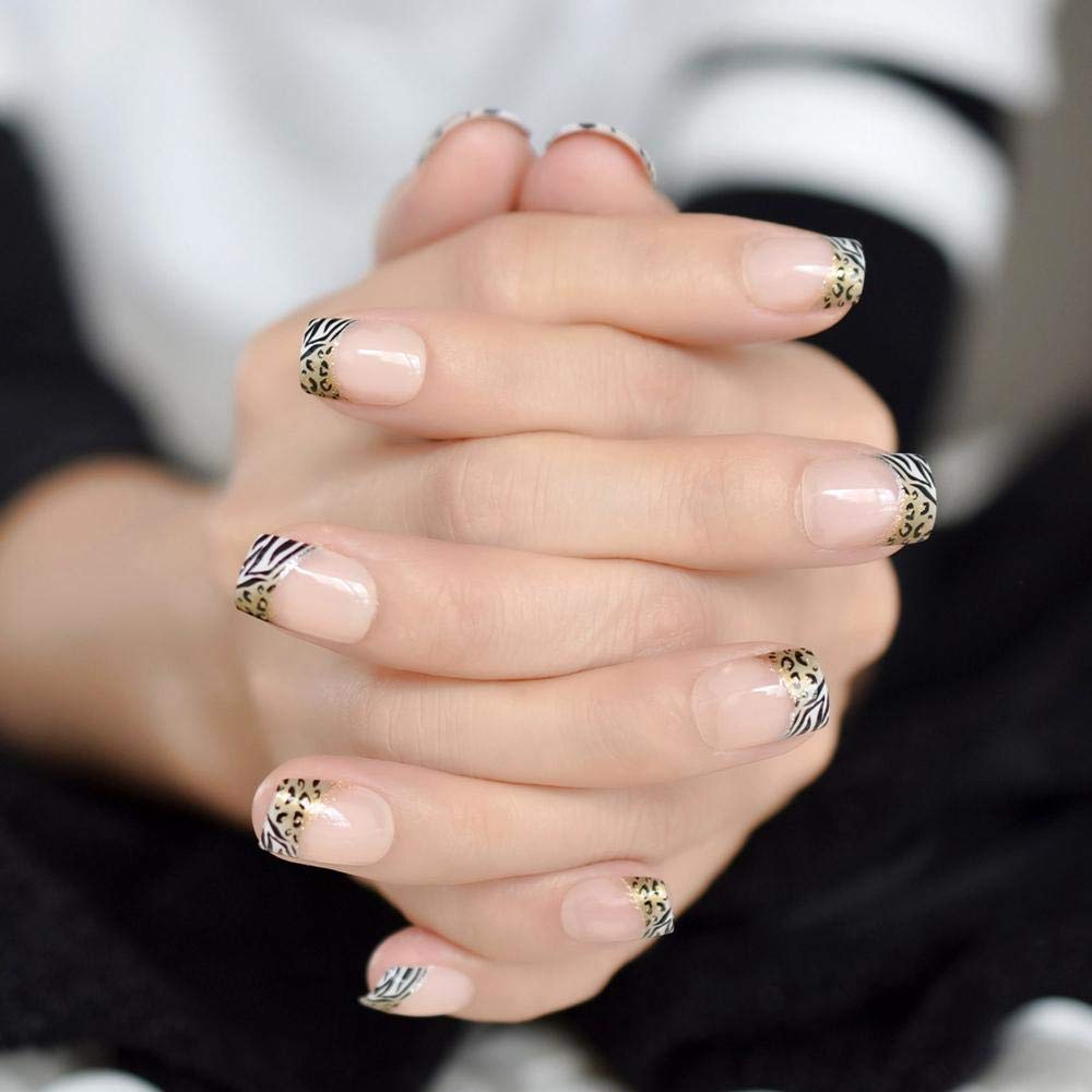 HUJL False Nails - 24pcs French Natural Fake Nails with Adhesive Guide, Classic Leopard & Zebra Pattern Nail Art - Perfect for Parties, Weddings & Daily Wear