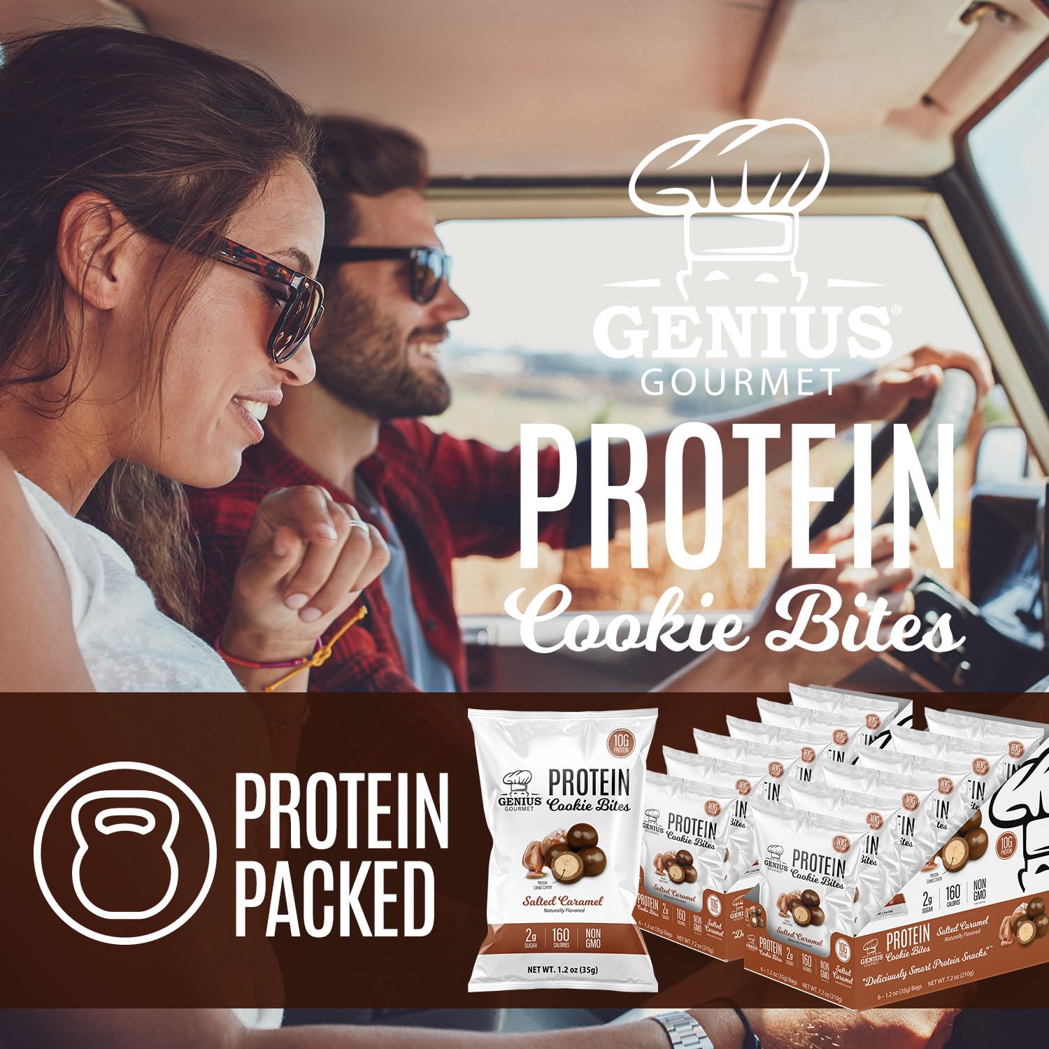 Genius Gourmet Protein Cookie Bites Salted Caramel - 10g Protein, No Added Sugar, Low Carb, Non-GMO - Healthy Protein Snacks for Adults & Kids - 12 Bags - Perfect for Post-Workout, School Lunch & On-the-Go Snacking