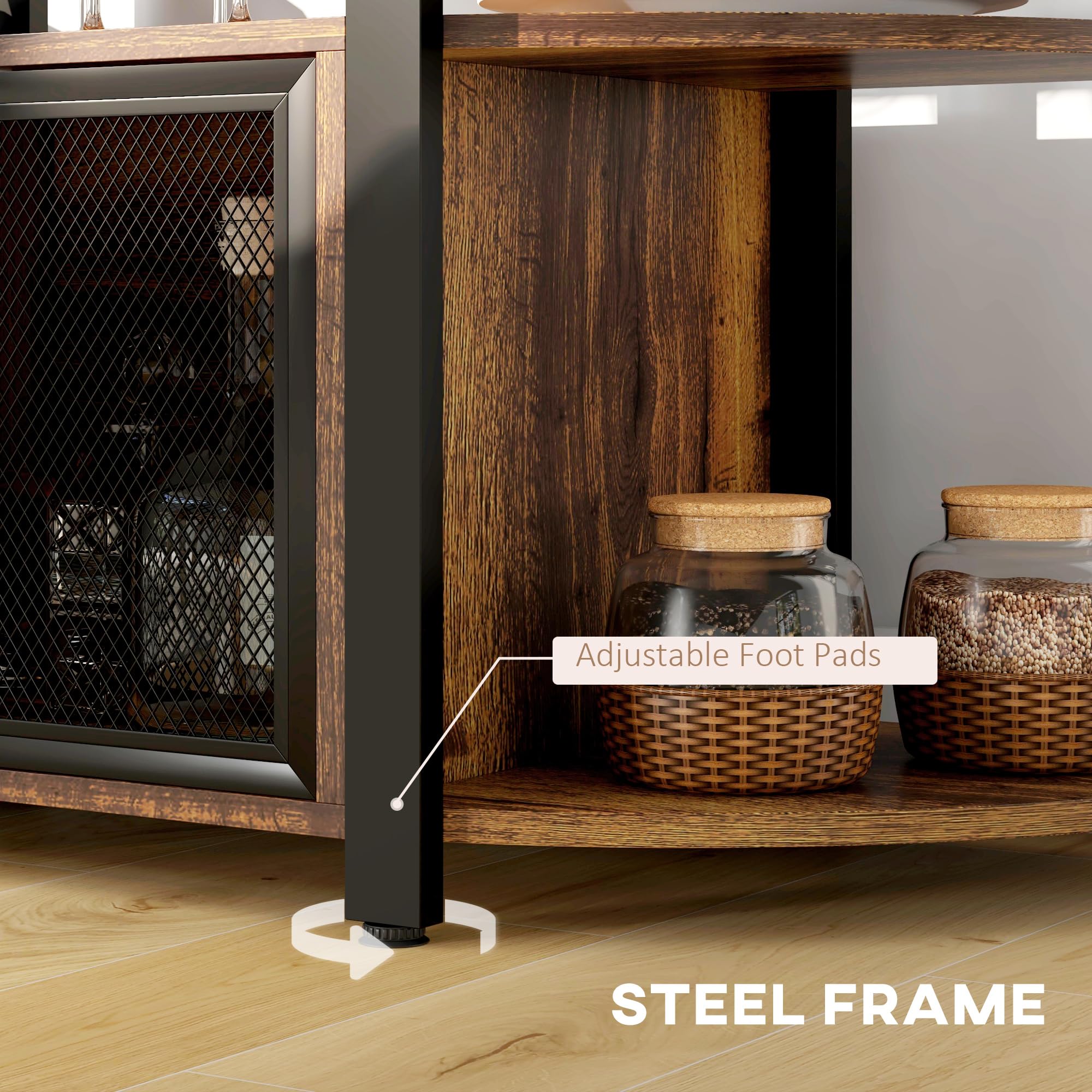 HOMCOM Industrial Wine Bar Cabinet with USB Charging Station, LED Lights & 10-Bottle Rack - Rustic Brown Liquor Storage with Glass Holders, Mesh Doors & Open Shelves - Perfect for Home Bars, Man Caves & Entertaining Guests