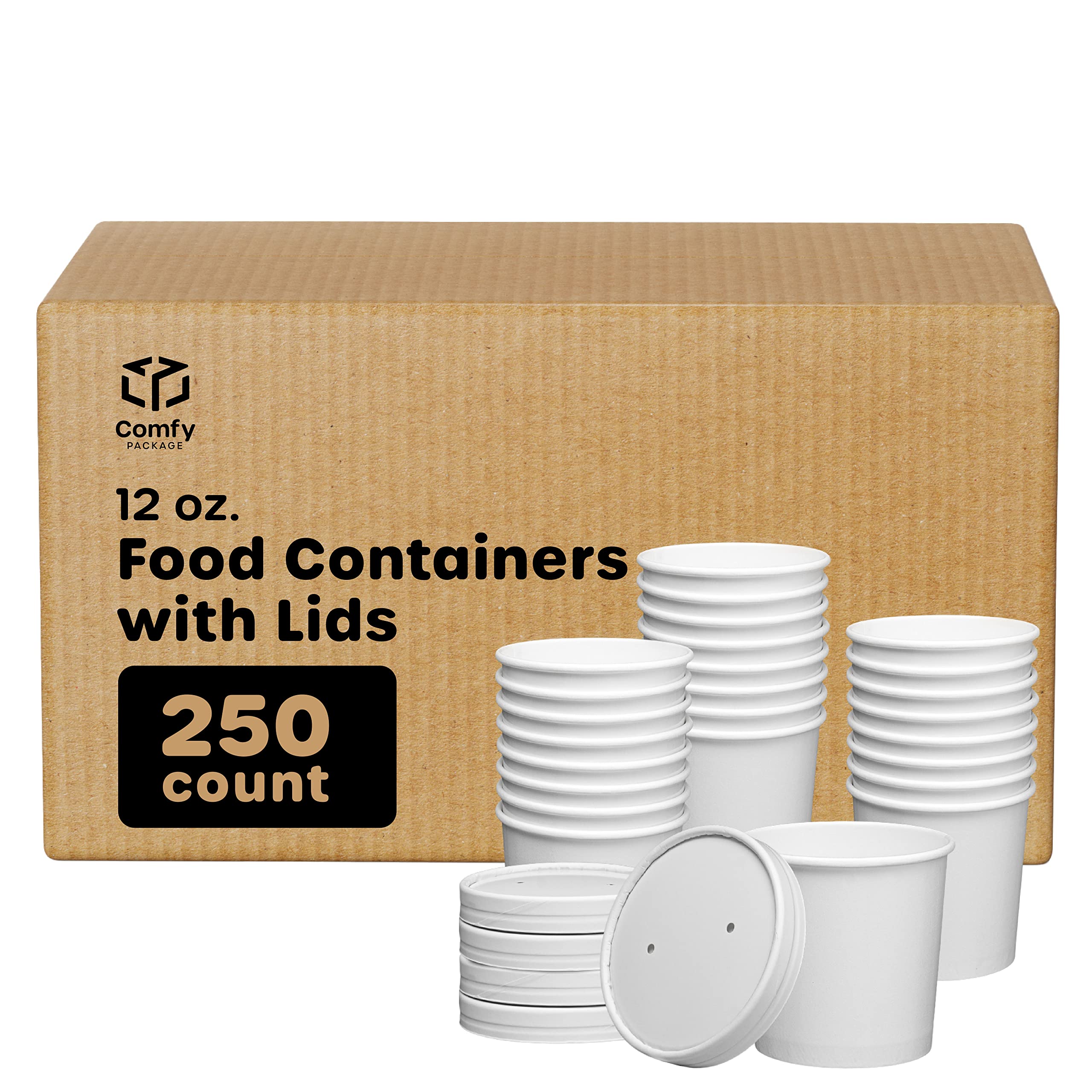 12 oz. Disposable White Paper Food Containers with Vented Lids - Bulk Case of 250 (10/25 Sets) - To-Go Hot Soup Bowls & Ice Cream Cups - Perfect for Restaurants, Catering, Takeout & Food Trucks