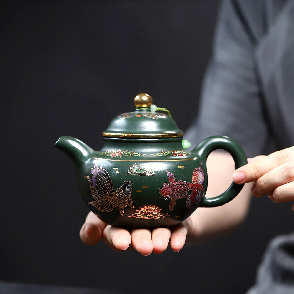 Premium Yixing Green Clay Goldfish Duo Qiu Teapot - Handcrafted Chinese Ceramic Teapot for Oolong & Pu-erh Tea - Perfect for Tea Ceremonies & Home Decor