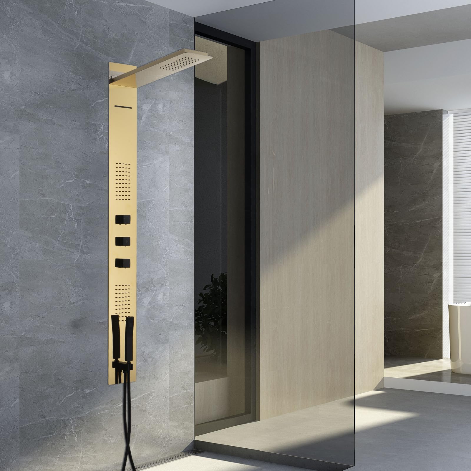 Premium Polished Gold Shower Panel Tower System - Multi-Function Shower System with Body Jets, Handheld Sprayer, Rainfall Shower Head & Waterfall Outlet - Stainless Steel Wall Mount for Luxury Bathroom & Spa Experience - Perfect for Modern Home, Hotel & Relaxation Spaces