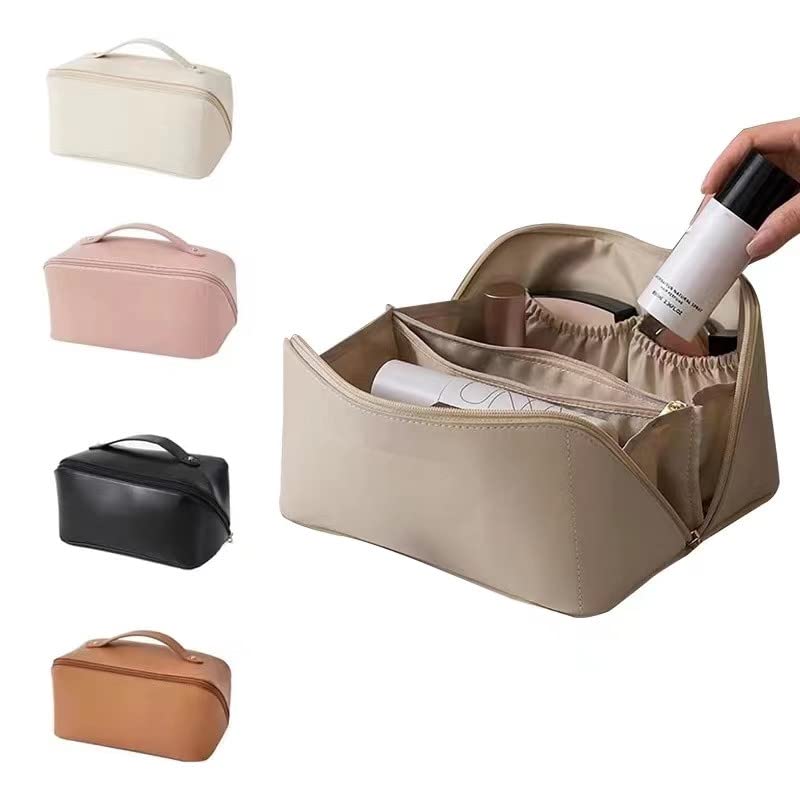 Leather Makeup Bag - Large Travel Cosmetic Organizer for Skincare & Toiletries