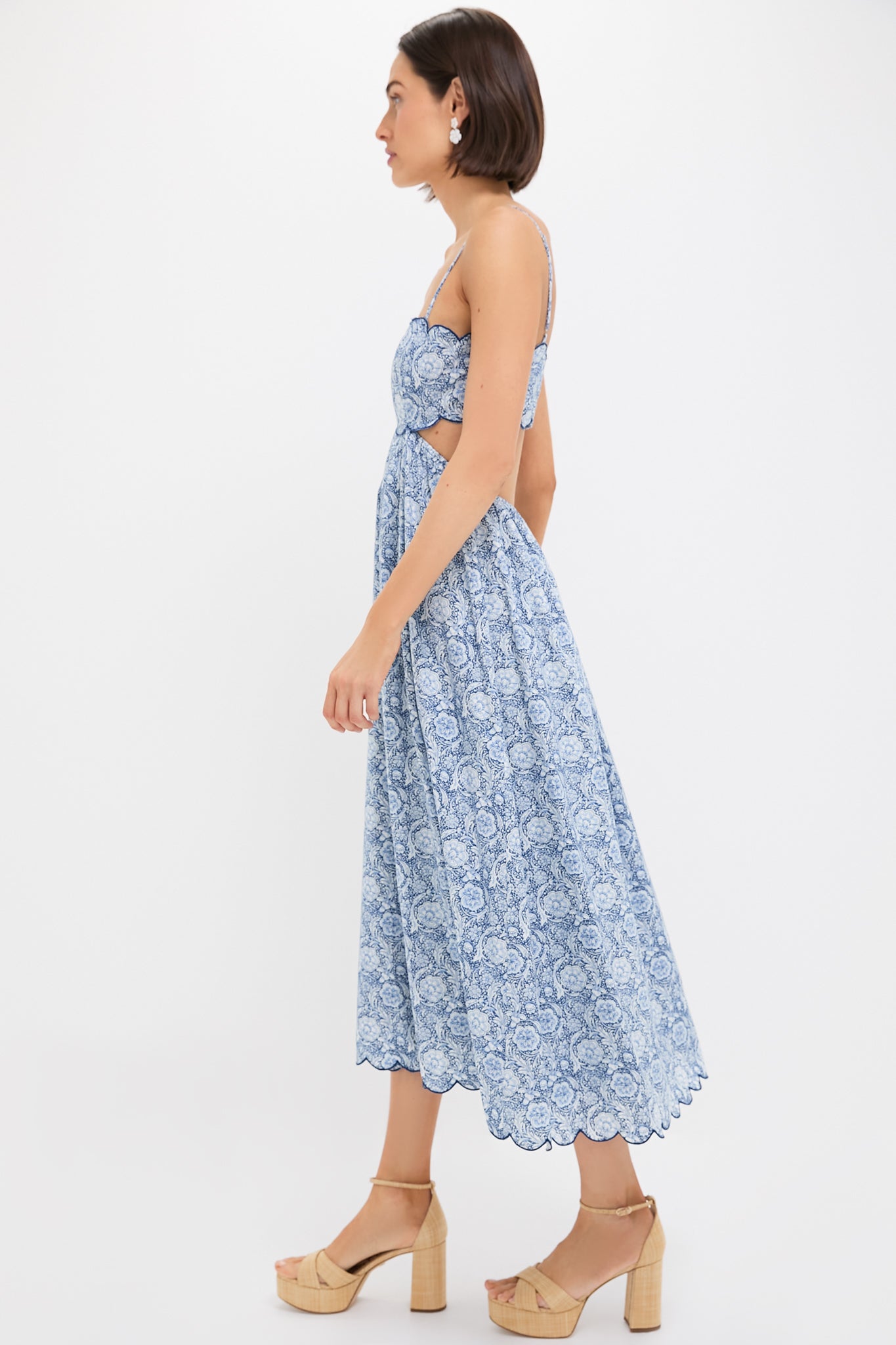 Blue Medallion Floral Estelle Scalloped Dress - Elegant Women's Summer Party & Wedding Guest Dress