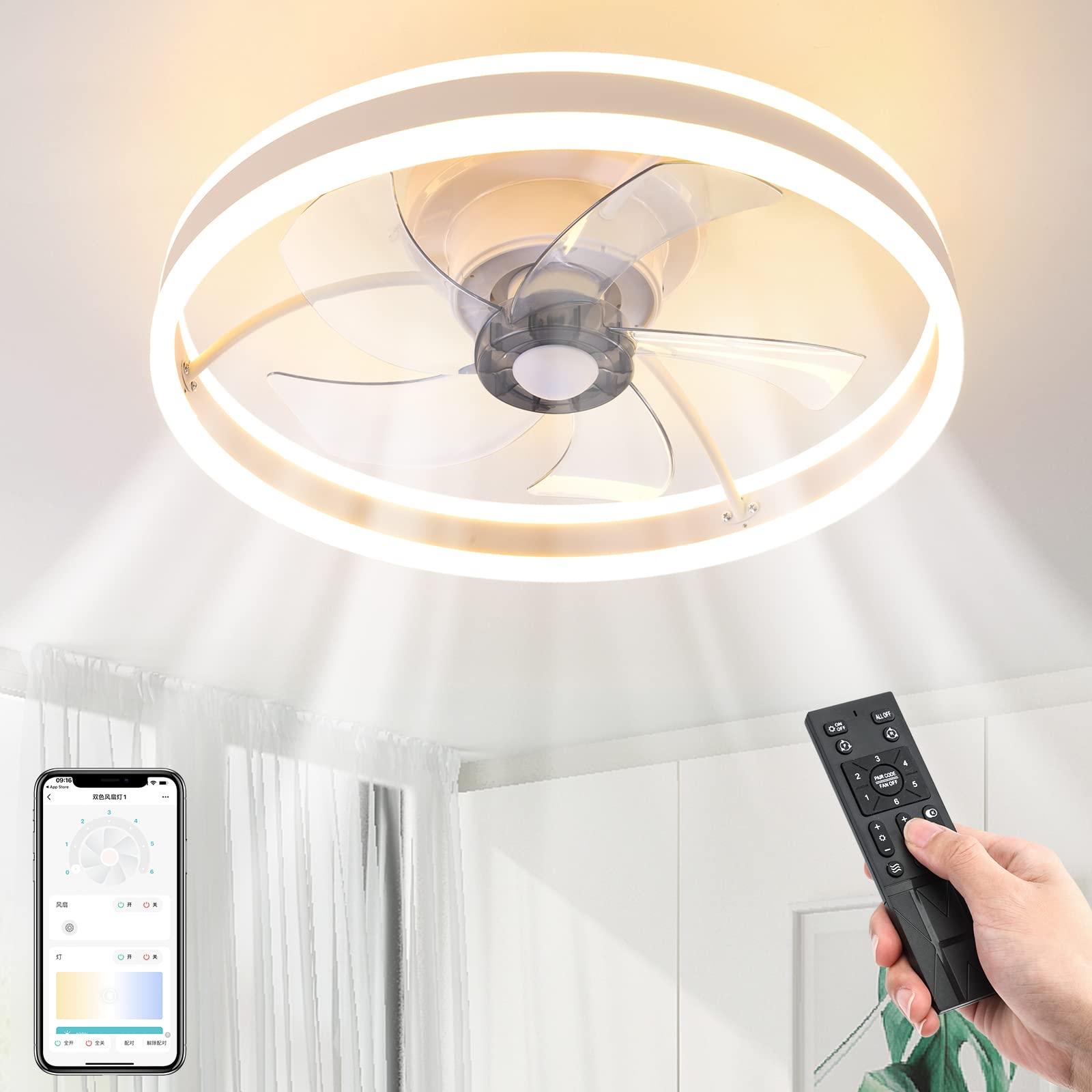 Silent LED Dimmable Ceiling Fan with Lights, Remote Control & Bluetooth Speaker - 6-Speed Reversible Modern Ceiling Fan for Bedroom, Living Room, Office - Perfect for Home Cooling & Ambient Lighting (White, 19.7 Inch)