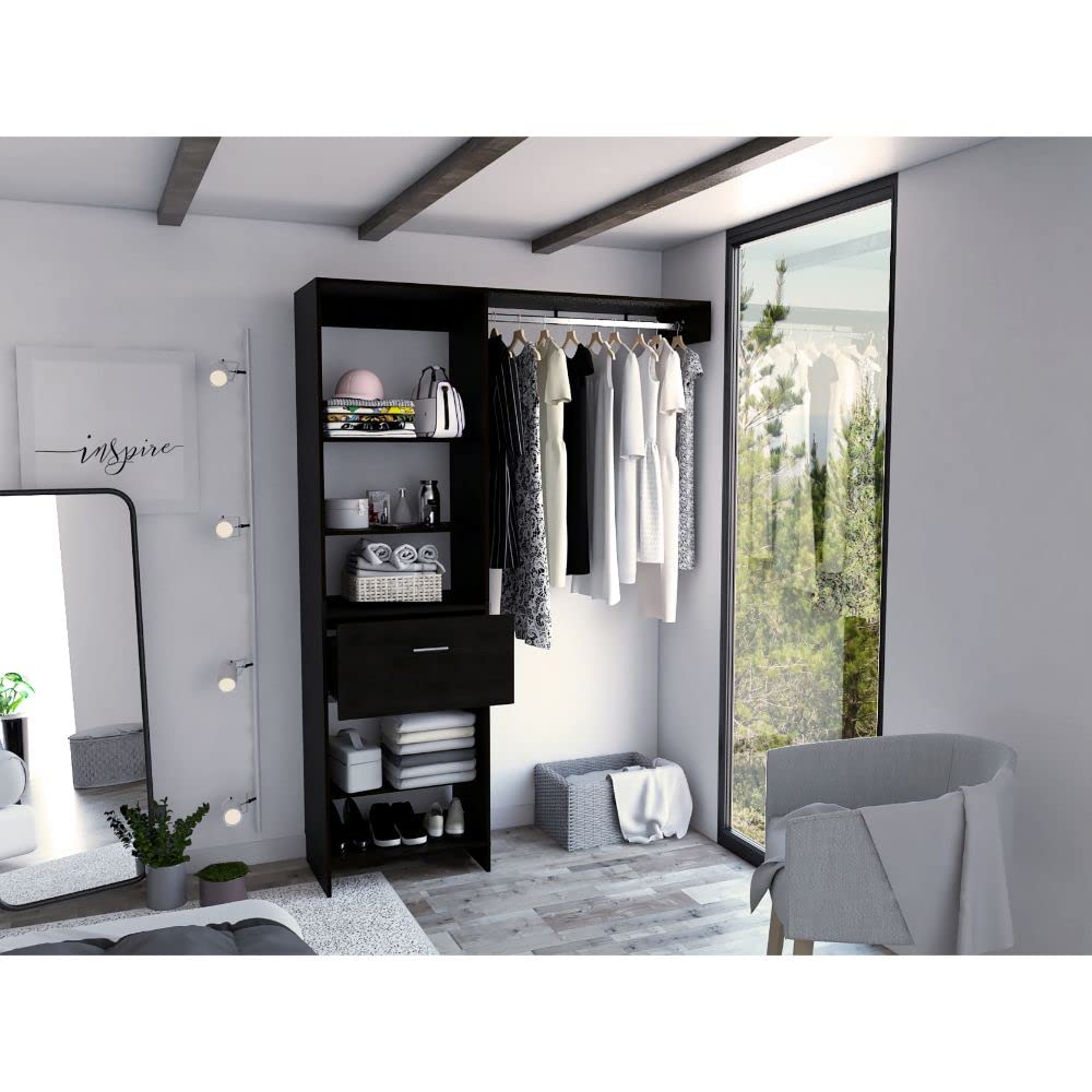 Dynamic 150 Closet Organizer System with 5 Open Shelves, 1 Drawer & Metal Clothes Rod - Black - Perfect for Bedroom, Walk-in Closet or Small Space Organization