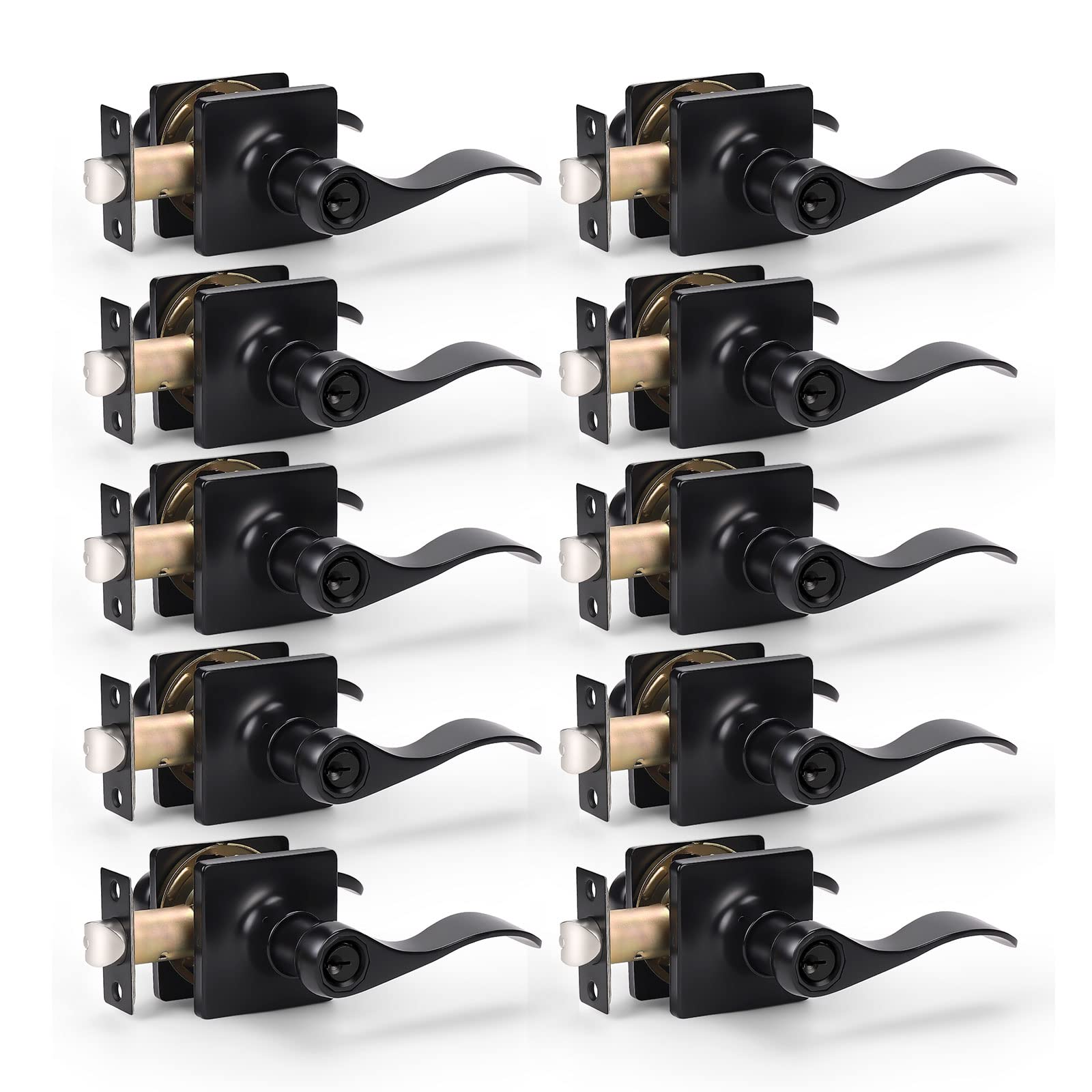 Matte Black Keyed-Alike Door Locks 10-Pack - Wave Handle for Exterior Doors, Left/Right Handed - Secure Home Entry
