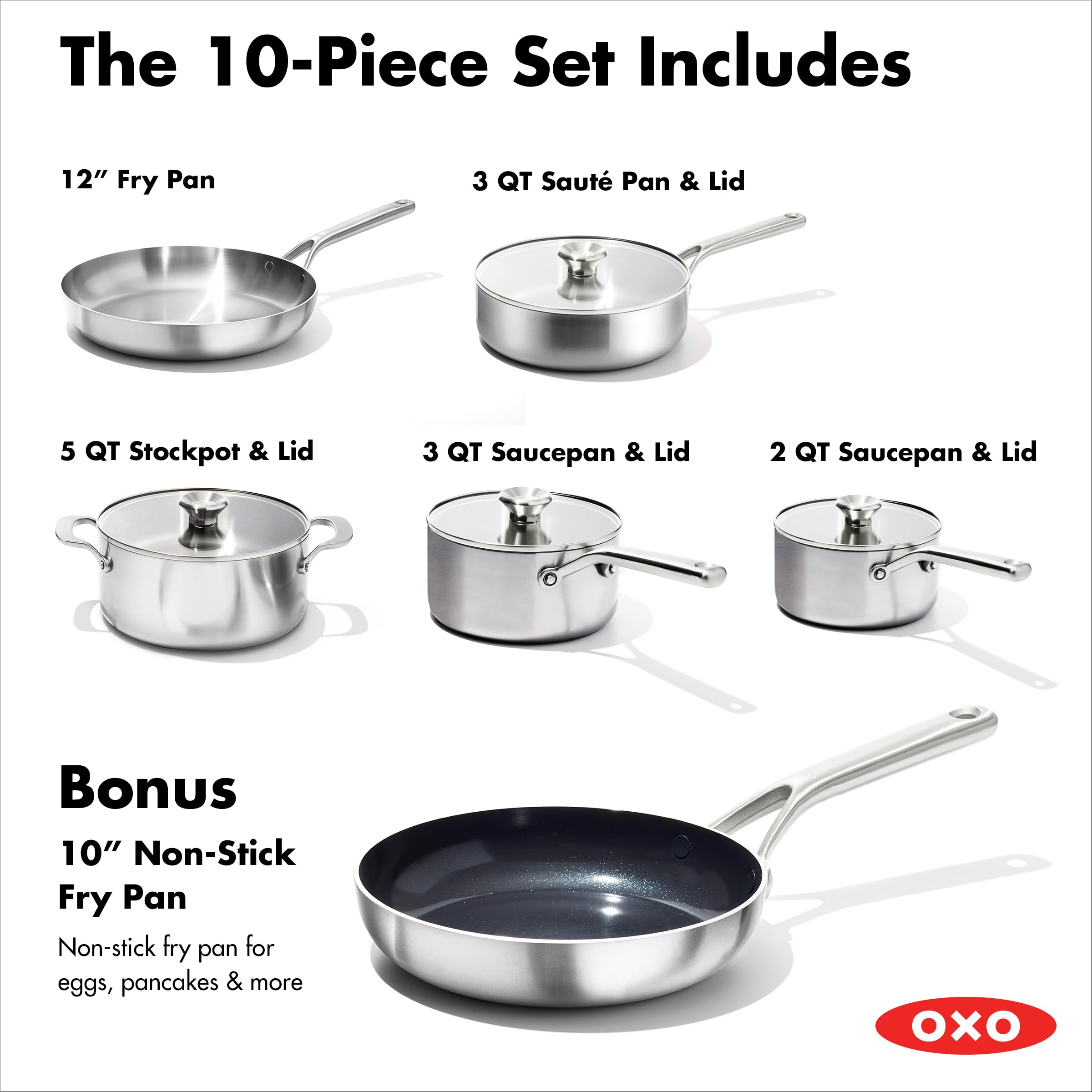 OXO Mira Tri-Ply Stainless Steel 10-Piece Cookware Set - Pots, Pans, Skillets, Saucepans with Lids & Ceramic Nonstick Frying Pan | Induction Compatible, Multi-Clad, Metal Utensil Safe, Dishwasher & Oven Safe | Perfect for Home Cooking, Professional Kitchens & Everyday Meal Prep