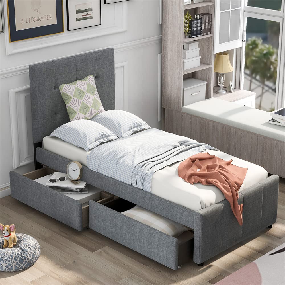 Linen Upholstered Platform Bed Frame with Storage Drawers & Tufted Headboard - Solid Pine Wood Twin Size Bed for Small Spaces | Modern Bedroom Furniture for Apartments, Dorms & Guest Rooms