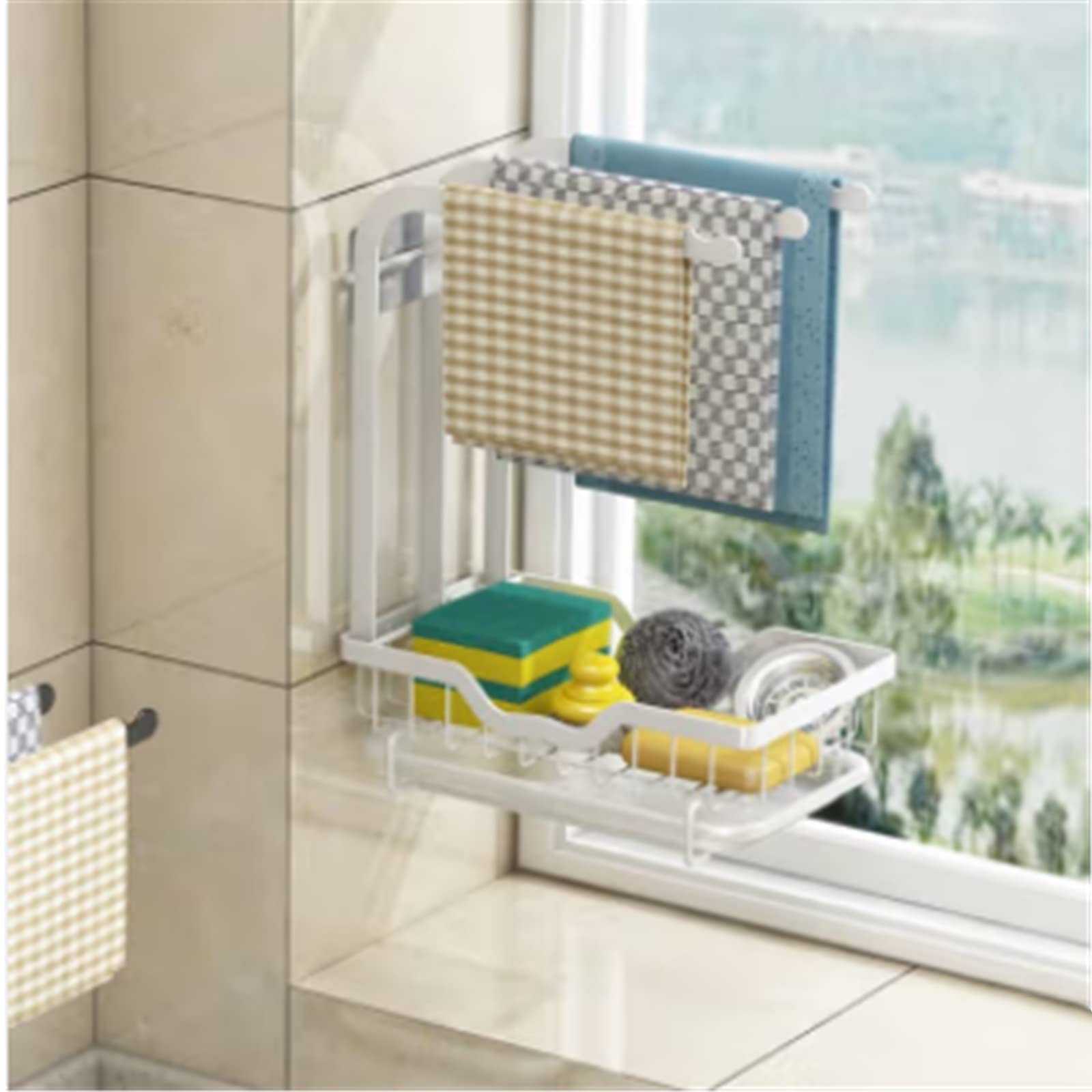 Stainless Steel Sponge Holder & Dishcloth Rack - Wall Mount or Countertop Kitchen Organizer for Sponges, Brushes & Cleaning Tools - Durable & Rustproof (White, One Size) - Perfect for Sinks, Countertops & Small Kitchen Spaces