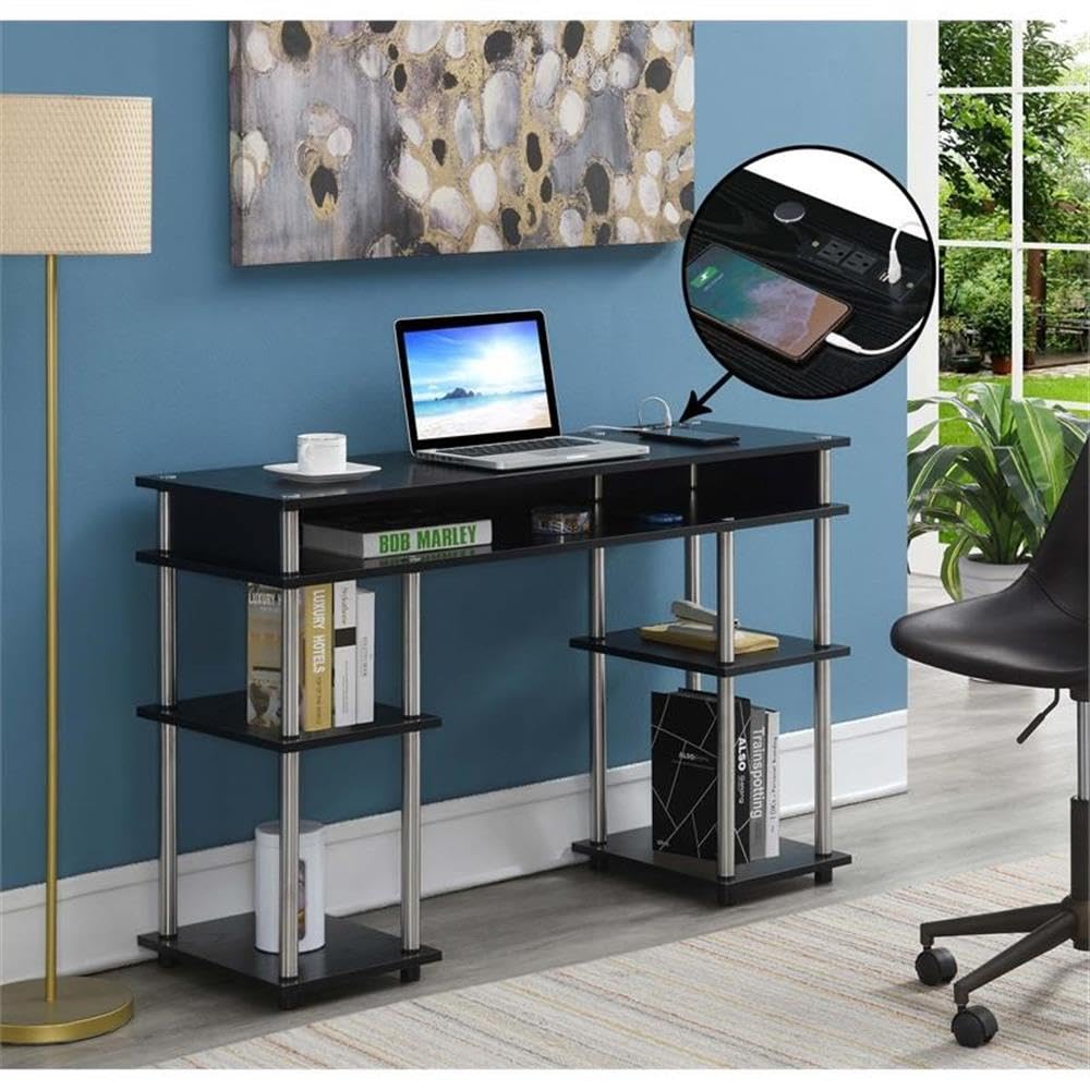 Modern Black Wood Finish Student Desk with Built-in Charging Station - Perfect for Small Spaces, Dorm Rooms & Home Office Study Areas