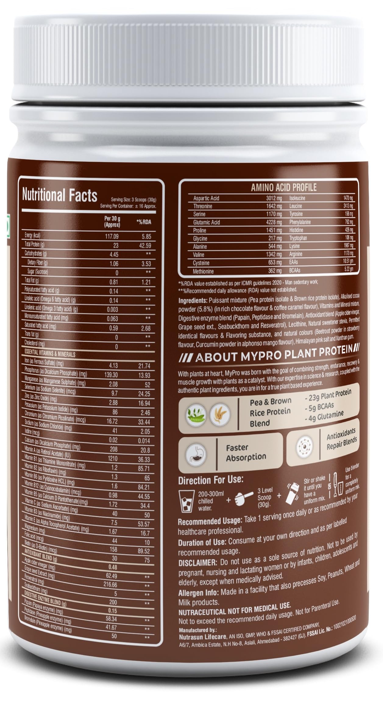 Mypro Sport Nutrition Plant Protein Powder - Pea & Brown Rice Protein (23g Protein, 22 Vitamins & Minerals, 5g BCAA) Vegan Protein Supplement - Coffee Caramel Flavor, 500g | Ideal for Post-Workout Recovery, Muscle Building & Healthy Lifestyle