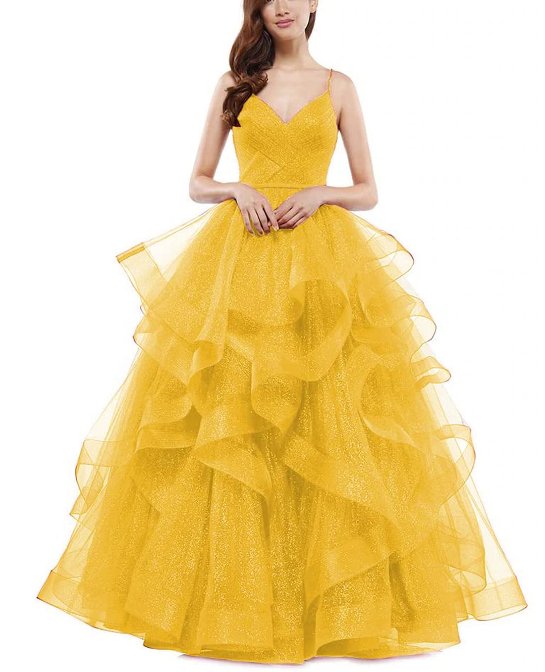 Sparkly Women's Glitter Ruffled Tulle Prom Dress 2024 - Long Spaghetti Straps Ball Gown for Homecoming, Evening Party & Formal Events