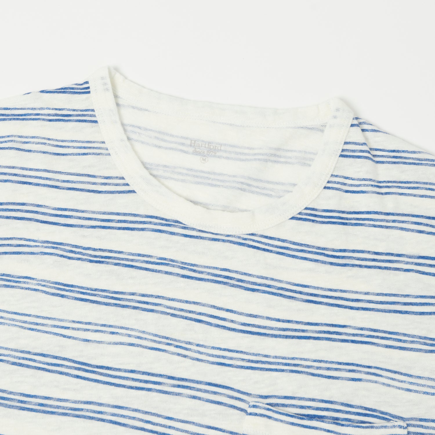 Hartford Linen Pocket Stripe Crew Tee - Soft Breathable Cotton T-Shirt for Men - White and Blue Striped Casual Shirt - Perfect for Everyday Wear & Summer Outfits