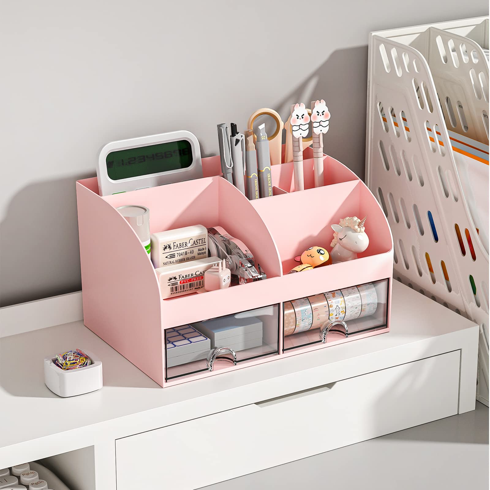6-Compartment Plastic Desk Organizer with 2 Drawers - Pink Makeup & Pen Holder for School, Home & Office - Perfect for Desktop Storage & Organization (Ideal for Cosmetics, Stationery & Office Supplies)