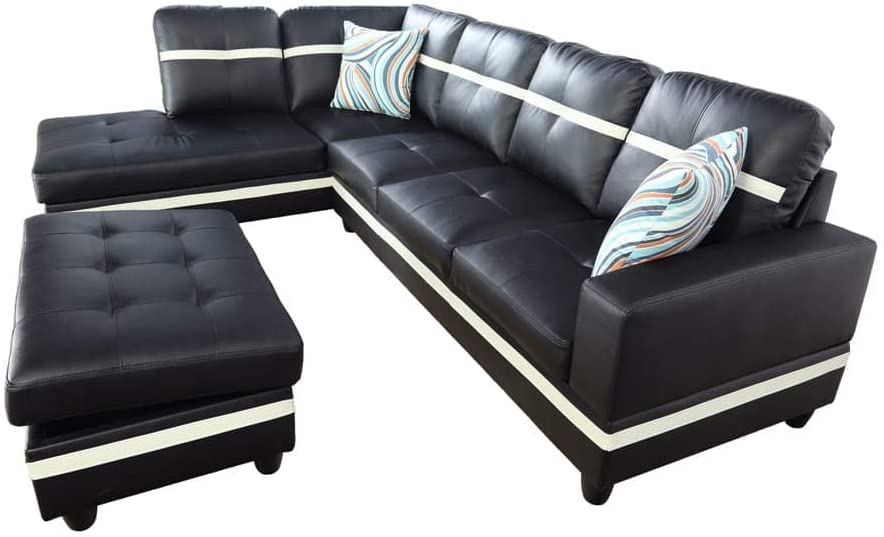 Ponliving 3-Piece L-Shaped Sectional Sofa Set with Chaise, Storage Ottoman & Throw Pillows - Modern Left-Facing Couch in Black & White | Perfect for Living Rooms, Apartments & Small Spaces