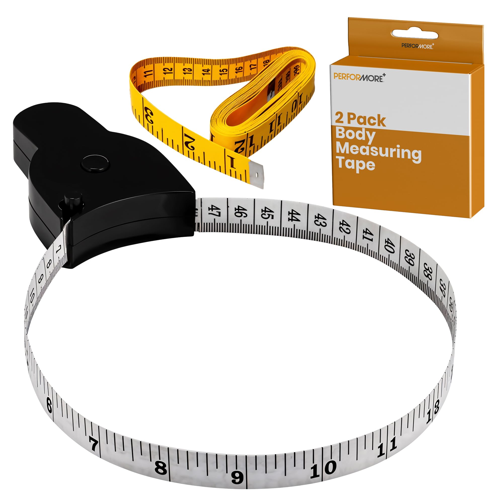 Performore 2-Pack 60 Inch (150 cm) Body Measuring Tape - Dual Color Yellow & White with Lock Pin & Push Button Retraction - Accurate Sewing & Tailoring Tape Measure for Body Measurements, Weight Loss Tracking & Fitness Progress