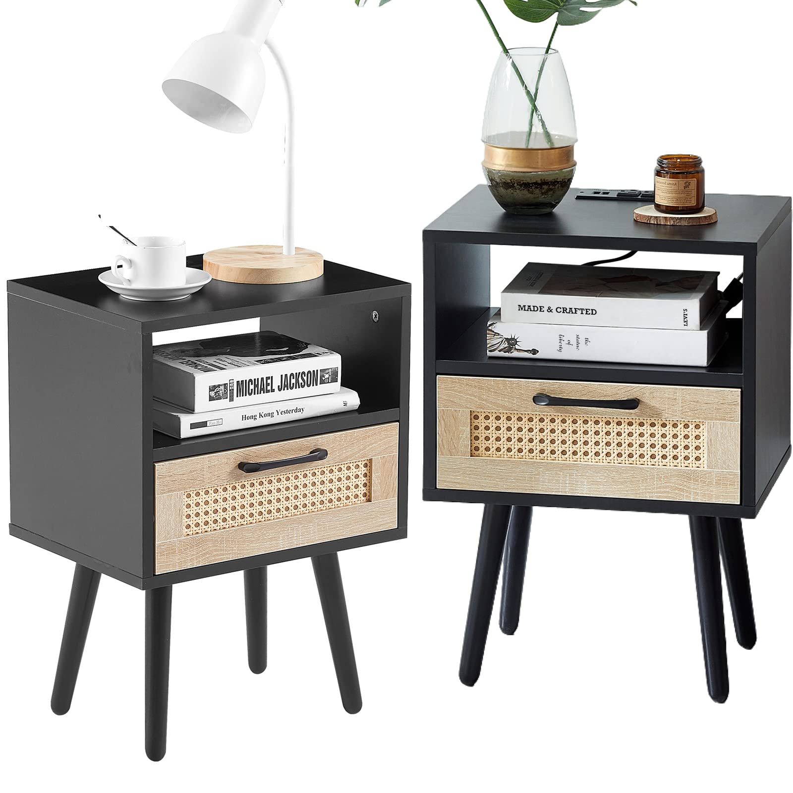2-Piece Rattan Nightstand Set with Power Outlet & USB Ports - Boho Bedside Table with Solid Wood Legs & Drawer - Modern End Table for Bedroom, Living Room (Black) - Perfect for Charging Devices & Bedroom Organization