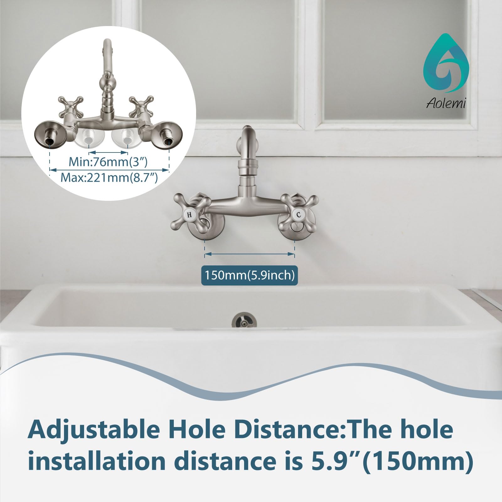 Aolemi Brushed Nickel Wall Mounted Kitchen Faucet with 2 Cross Handles & 6