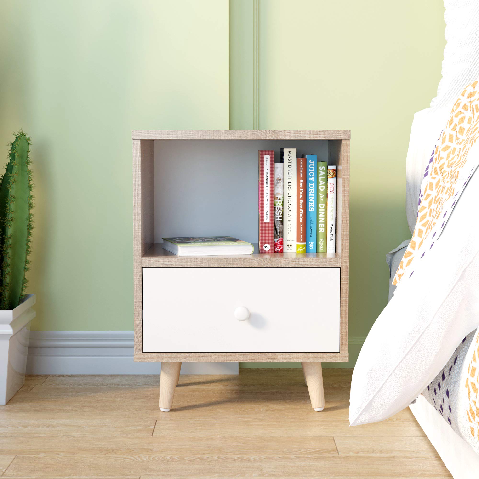 2-Tier Mid Century Modern End Table - Wooden Nightstand Side Table with Storage Drawer & Solid Wood Legs - Natural Wood Color - Perfect for Bedroom, Living Room & Office Spaces