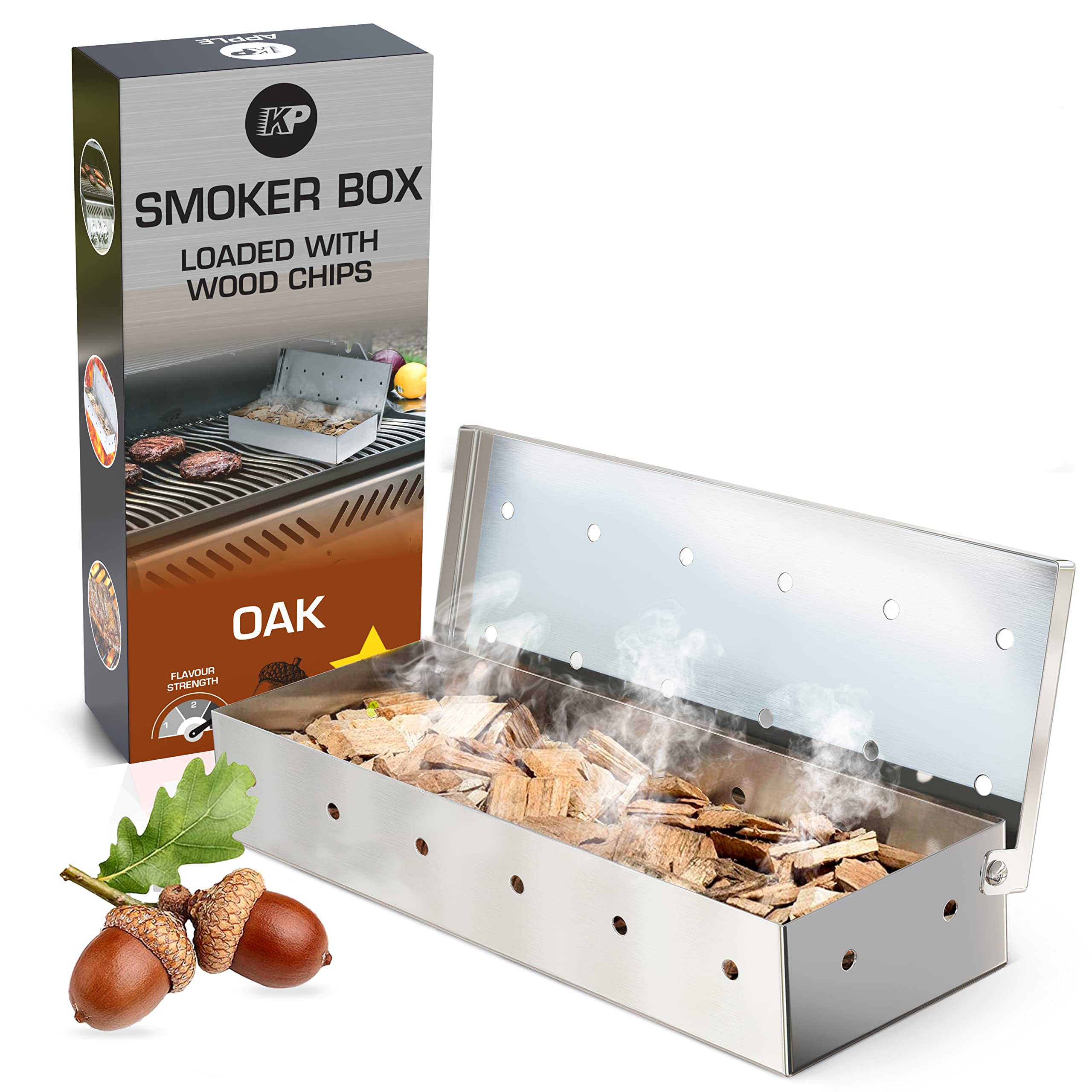 Premium Smoker Box for Gas Grill - Pre-Filled with Oak Wood Chips - Enhance BBQ Flavor on Propane & Pellet Grills - Perfect for Backyard BBQs, Tailgating & Outdoor Cooking
