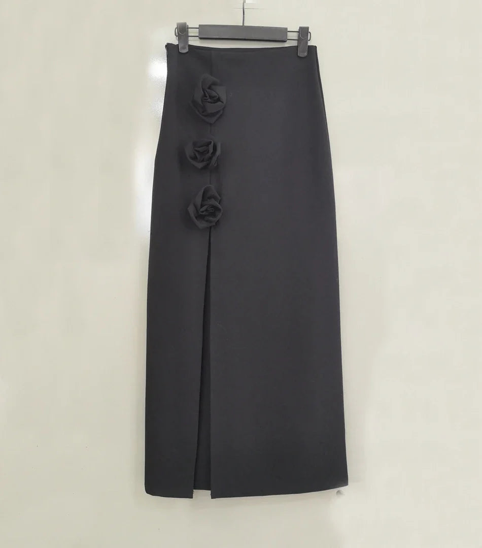 French Sexy Red High Waist Long Skirt for Women - Premium Split Design with 3D Rose Embroidery, Luxury Maxi Skirts (Faldas) - Perfect for Date Nights, Parties & Special Occasions