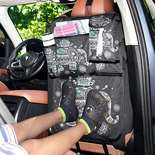 WELLDAY 2-Pack Car Backseat Organizer with Storage Pockets - Elephant Print Trunk Organizer, Kick Mats & Travel Accessories for Kids & Toddlers - Perfect for Road Trips, Family Vacations & Daily Commutes