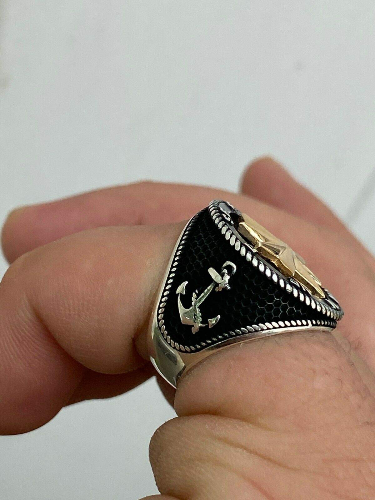 HarlemBling Solid 925 Sterling Silver & 10k Yellow Gold Men's Compass Ring - Nautical Anchor Jewelry for Men - Size 7-13 - Perfect for Gifts, Travel & Outdoor Adventures