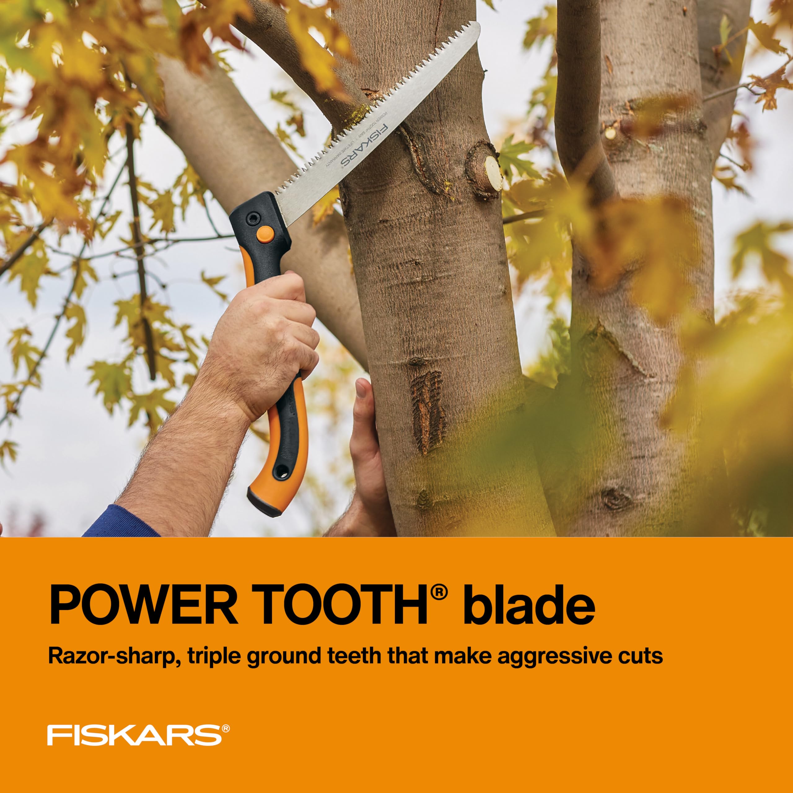 Fiskars 10-Inch Pruning Hand Saw with Folding Design - Dual Position Locking Blade for Overhand & Undercut Cuts - Triple Ground Power Tooth Blade & Soft Grip Handle - Ideal for Gardening, Tree Trimming & Outdoor Wood Cutting