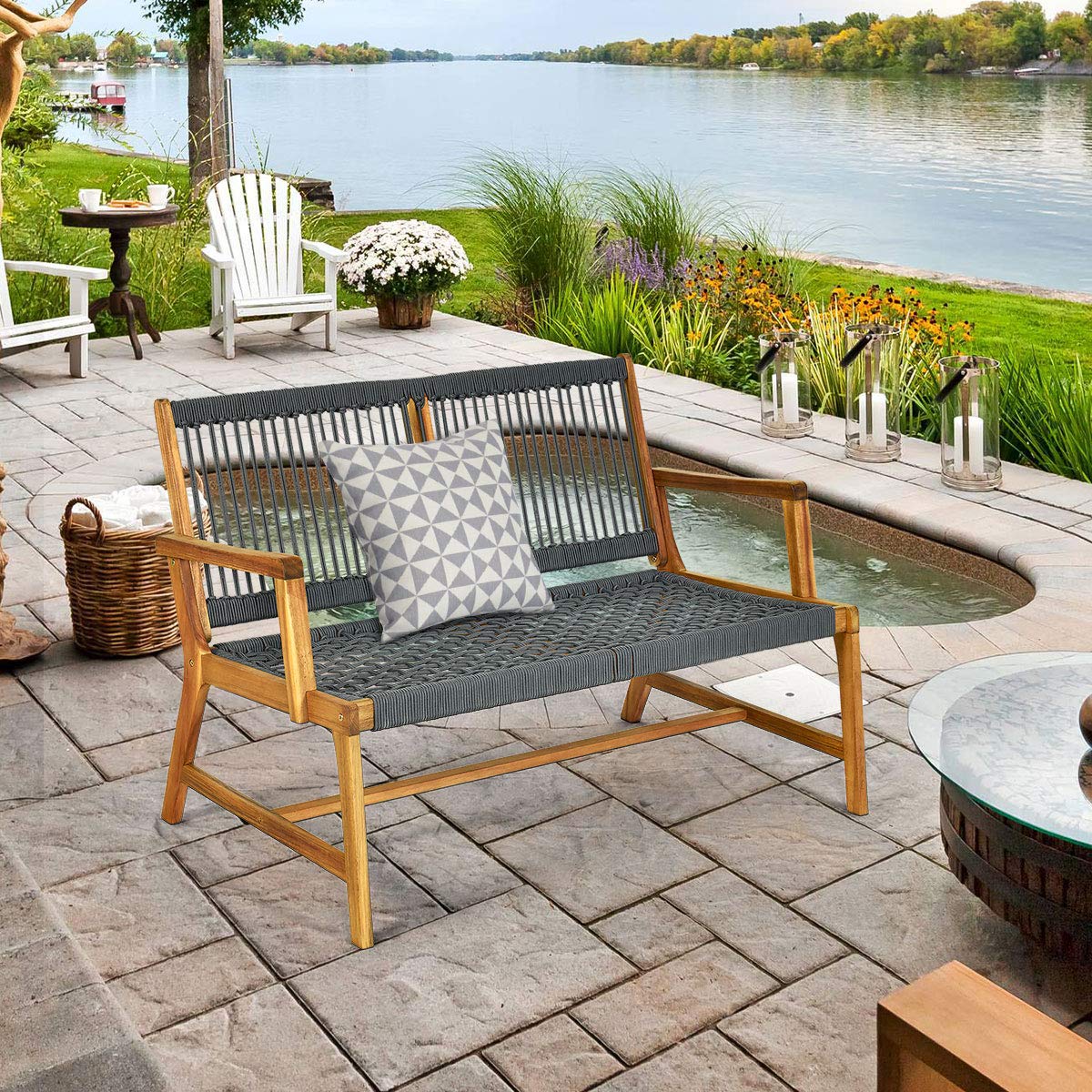 Tangkula 2-Person Acacia Wood Outdoor Bench Loveseat with Rope Design & Teak Oil Finish - Patio, Balcony, Deck, Poolside & Porch Seating (Grey) - Perfect for Garden Relaxation & Backyard Lounging
