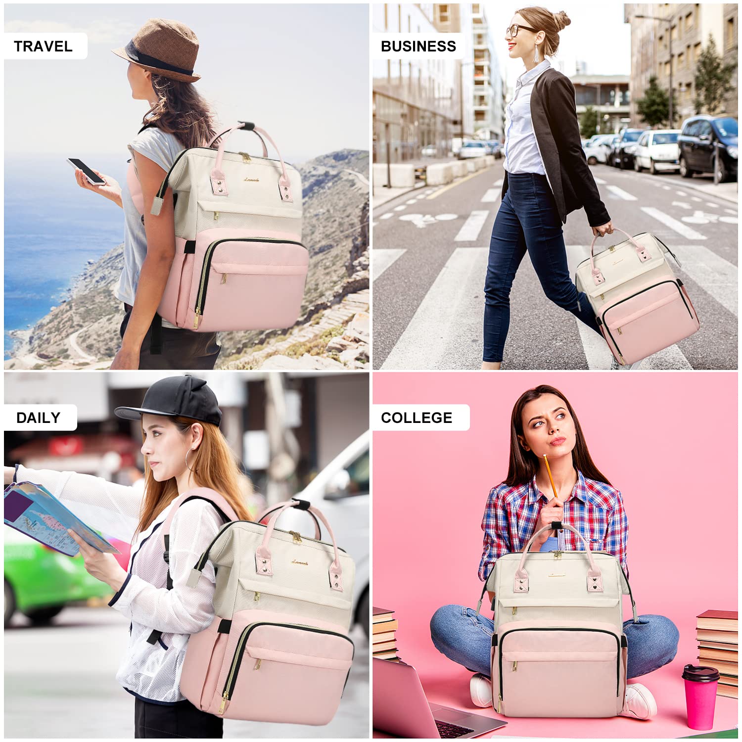 LOVEVOOK 17-inch Laptop Backpack for Women - Large Capacity Fashion Work Computer Bag, Travel & Business Backpack for Professionals, Nurse & Doctor Backpack (Beige-Pink) - Perfect for Office, School, Commuting & Travel