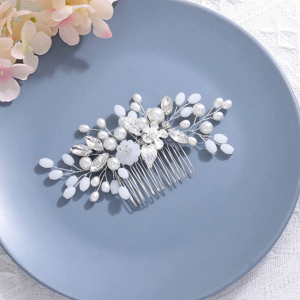 Silver Pearl Bridal Hair Comb - Crystal Flower Hair Accessories for Weddings & Parties