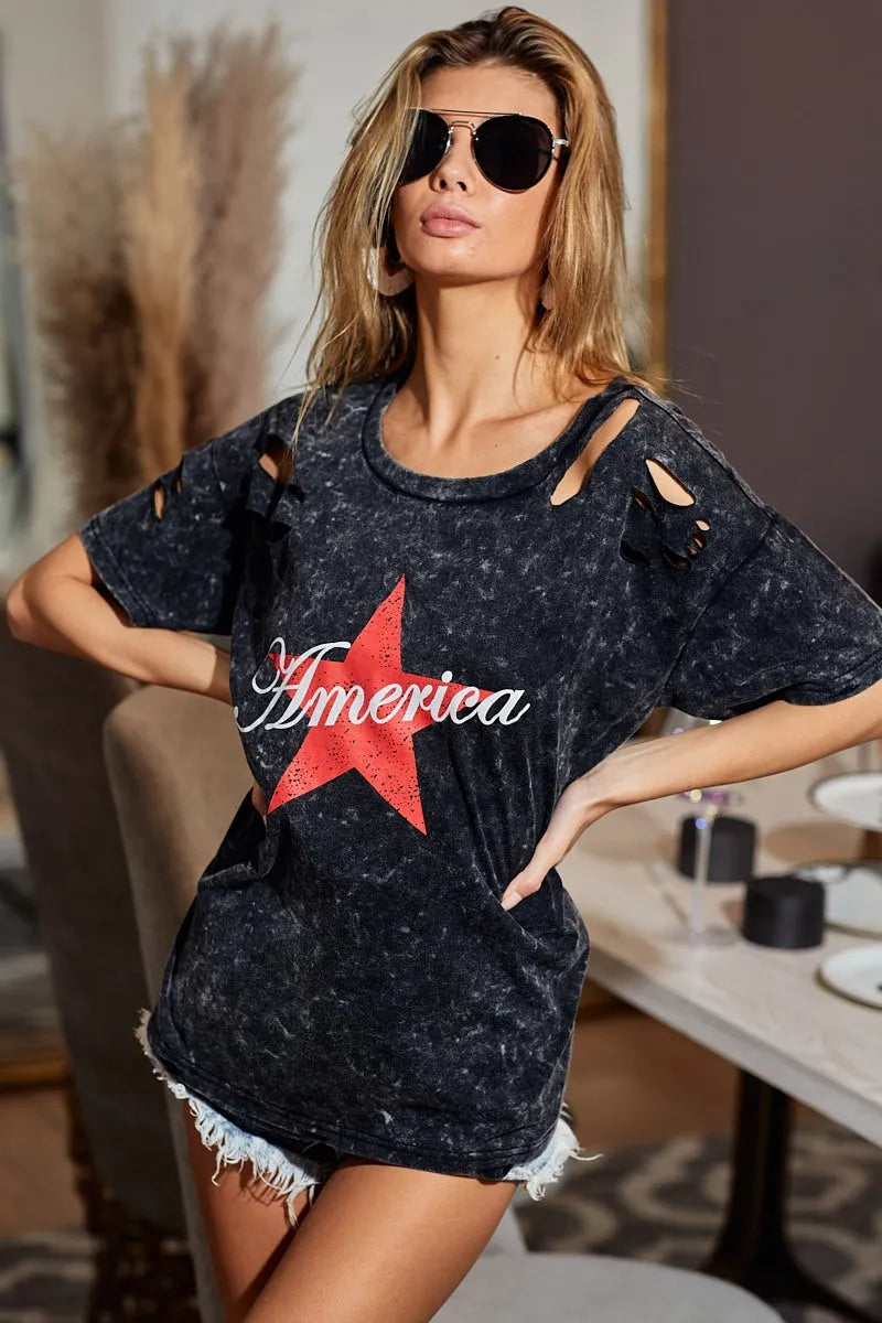 BiBi Laser Cut Mineral Washed Jersey Top - Trendy Women's Fashion Tops for Casual Wear & Street Style | Perfect for Everyday Outfits, Weekend Hangouts & Summer Looks