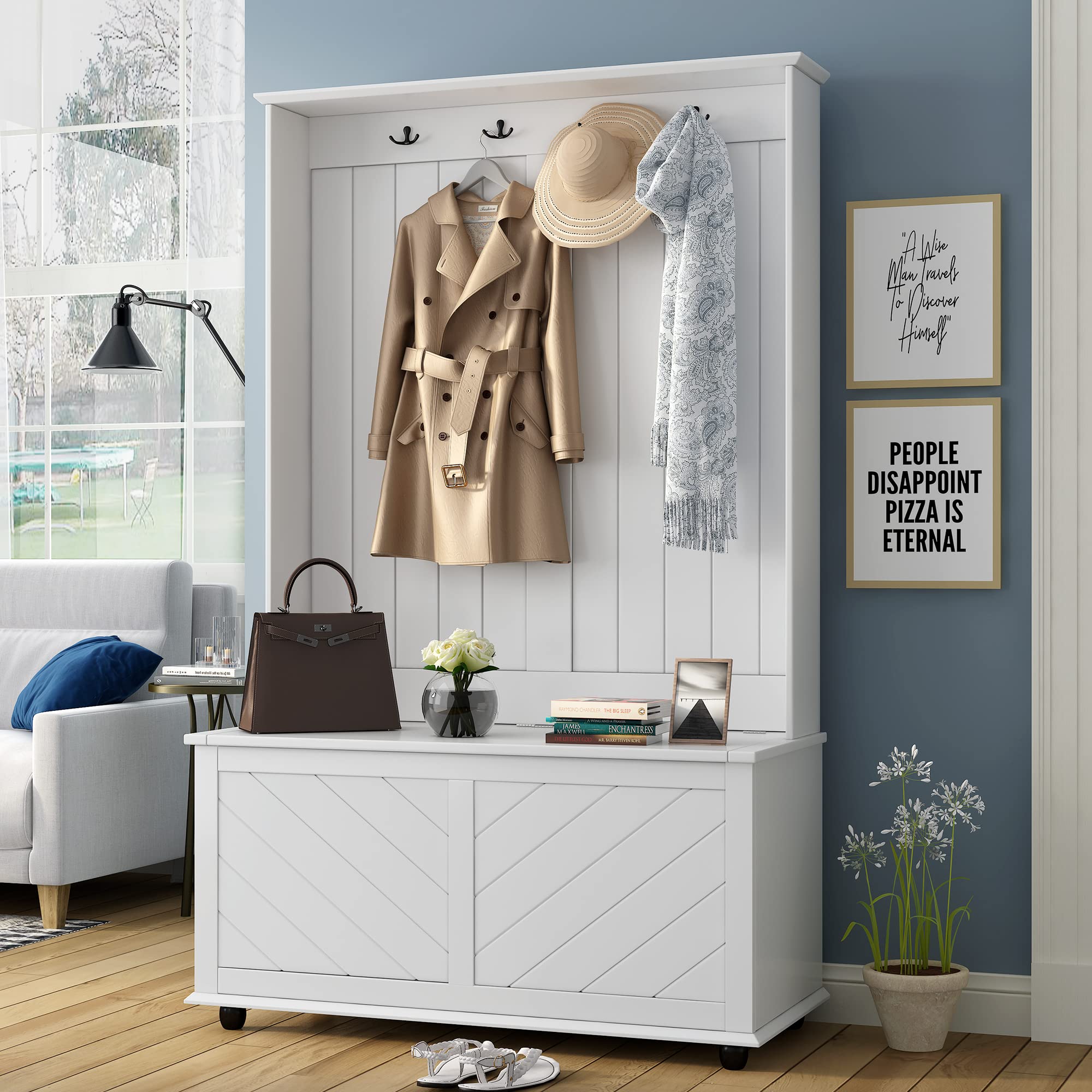 Modern 3-in-1 Entryway Hall Tree with 4 Hooks, Coat Rack & Storage Bench - 40 Inch Multifunctional Organizer for Coats, Shoes & Bags - Perfect for Home Entrance, Hallway & Mudroom (White)