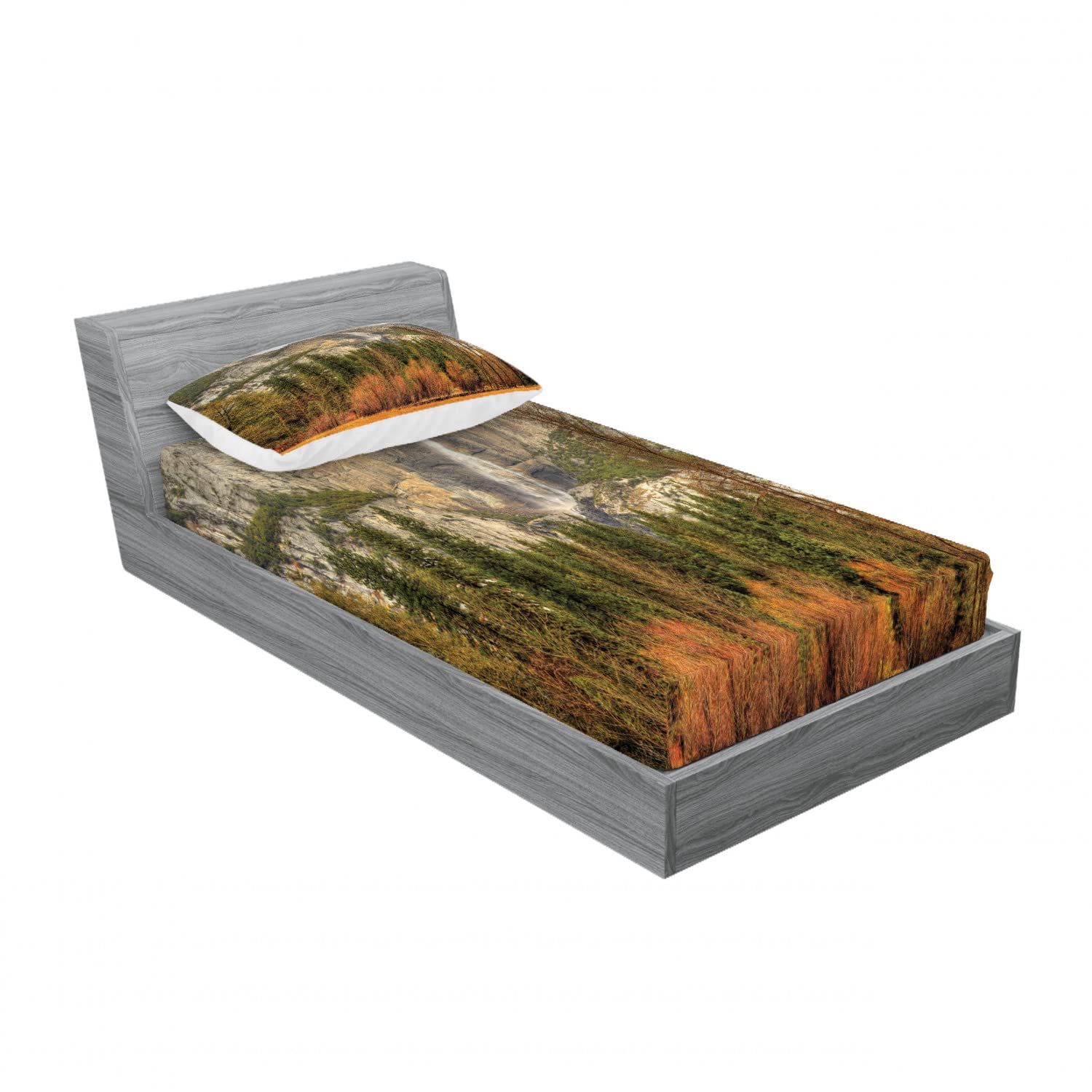 Ambesonne 2-Pack Twin Fitted Sheet & Pillow Sham Set - Yosemite Falls Forest Print, Orange & Green 4-Piece Bedding Set (2 Fitted Sheets + 2 Pillow Covers) | Nature-Inspired Bedroom Decor for Kids, Teens & Guest Rooms
