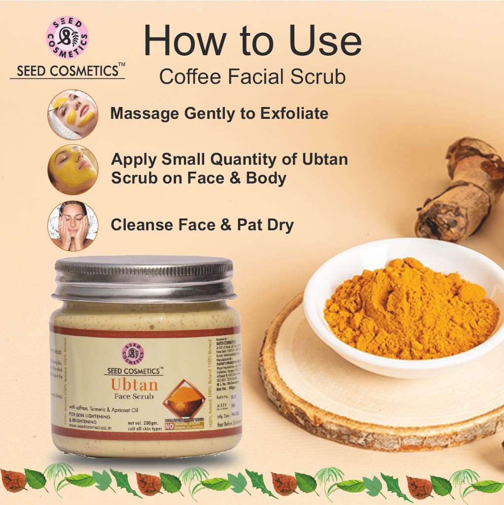**Seed Cosmetics Herbal Ubtan Face & Body Scrub with Saffron, Turmeric & Apricot Oil – Exfoliating & Deep Cleansing for Glowing Skin – Tan Removal & Pore Refining for Men & Women – 200g (Pack of 2) – Perfect for Daily Skincare & Spa Treatments**