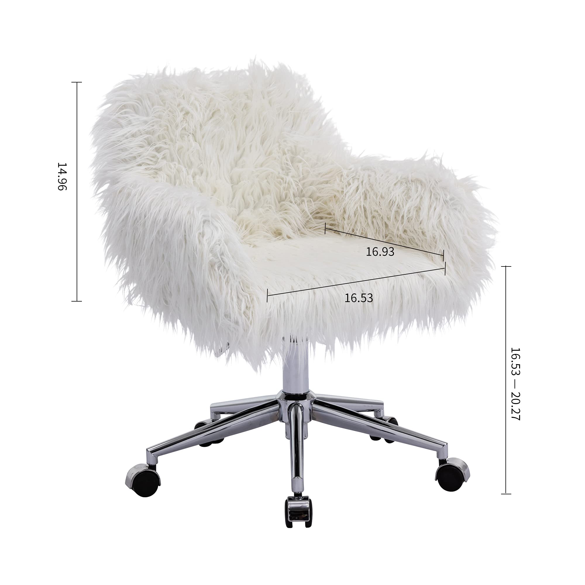 Premium Faux Fur Swivel Makeup Stool with Wheels - Adjustable Cute Task Chair with Arms for Home Office, Bedroom, Vanity & Reading - Soft White Ergonomic Desk Chair for Women & Teens (Perfect for Makeup, Studying & Relaxing)