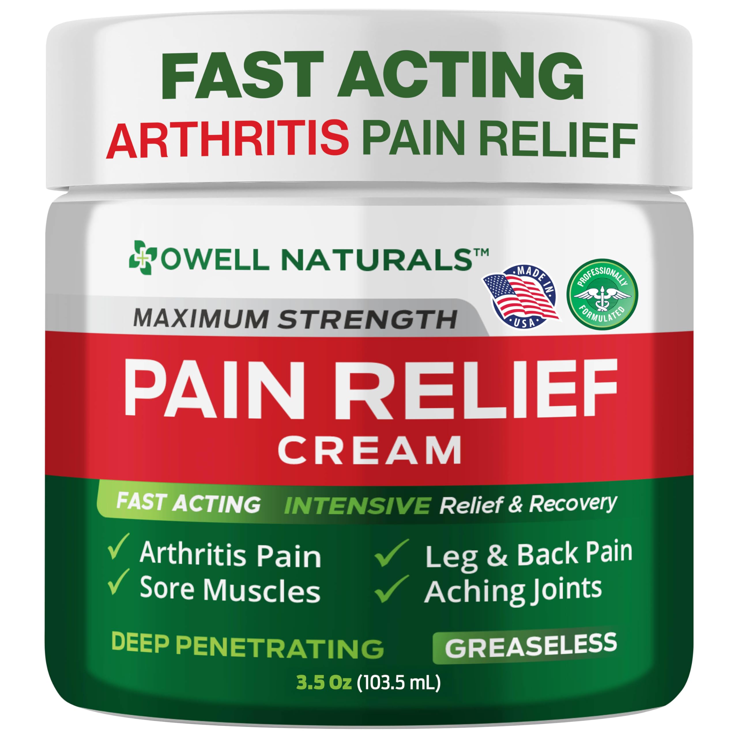 OWELL NATURALS Fast-Acting Arthritis Pain Relief Cream - Deep Penetrating Joint & Muscle Support for Back, Knee, Hands, Feet, Shoulders | Non-Greasy Formula with Natural Ingredients | 3.5 oz | Perfect for Active Lifestyles, Post-Workout Recovery & Daily Comfort
