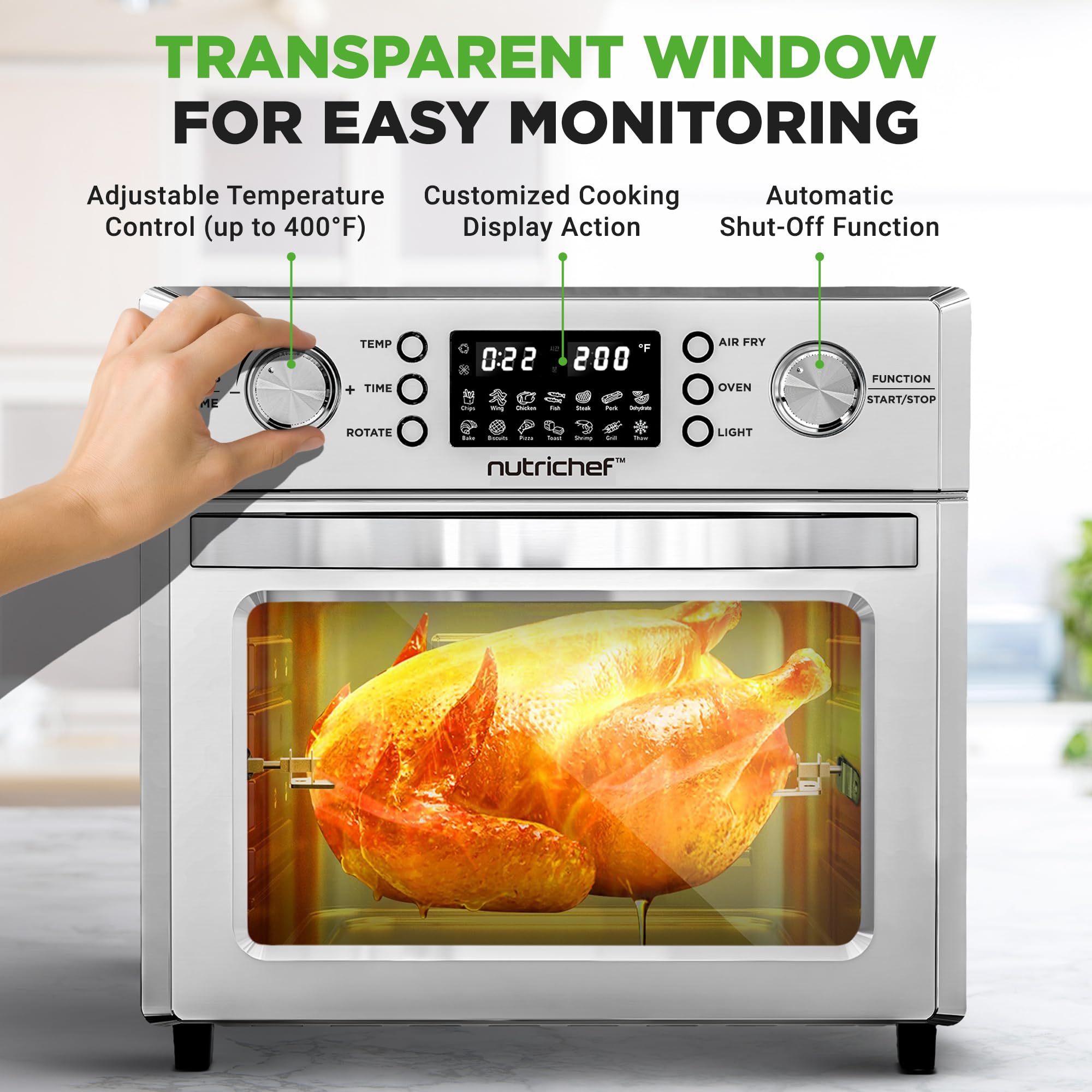 NutriChef 26L Electric Air Fryer Oven with Rotisserie - 1700W Countertop Air Fryer, 360° Rotating Feature, 10 Digital Presets - Includes Drip Tray, Basket & Bake Rack (15x16x14, Silver) - Perfect for Healthy Frying, Baking, Roasting & Family Meals